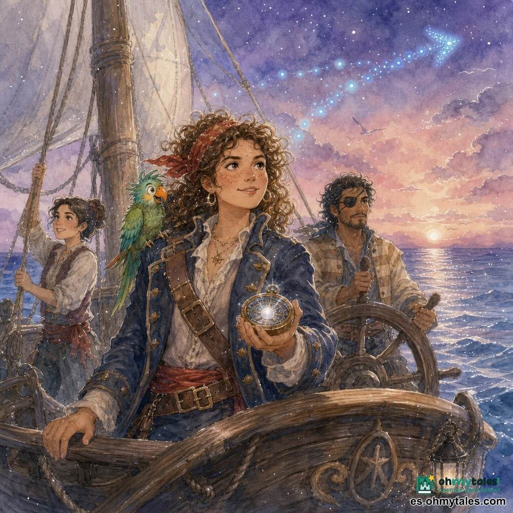 Capitana Mara, mujer de rostro redondo y pecas, cabello castaño rizado recogido con un pañuelo rojo, expresión decidida y alegre, de pie en la proa con una mano sobre la brújula y una perla brillante en la otra, abrigo de pirata azul noche con botones de latón; Bartolo, loro macho pequeño de plumas verdes intensas y pico naranja, posado en su hombro derecho con plumaje alborotado y mirada traviesa; Tomás, hombre de unos 35 años, piel bronceada y parche en un ojo, firme al timón en popa con postura concentrada y chaqueta a rayas beige; Lucía, mujer de unos 25 años, cabello recogido, sonriente y ágil, en el costado del mástil central faenando una vela blanca; escenario: viejo barco de madera con tablas texturizadas, cuerdas visibles y velas algo arrugadas sobre un mar de superficie entre lisa y ondulada que refleja destellos plateados; cielo crepuscular en tonos lavanda, rosa e índigo con nubes leves y una estela de pequeñas luciérnagas azules formando una flecha sobre el horizonte; la proa avanza hacia el Cabo de las Estrellas en un ambiente de esperanza y asombro, composición centrada en Mara guiando a la tripulación, luces suaves, reflejos plateados en el agua y toques de gel blanco para los destellos.