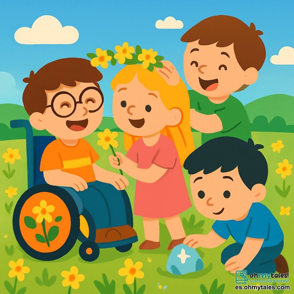 Hay 4 niños: - Luis: un niño de 8 años, con cabello castaño y gafas. Está sentado en una bonita silla de ruedas decorada con flores coloridas. - Marta: una niña de 7 años, con cabello largo rubio y un vestido rosa. Está de pie al lado de Luis, sonriendo, mientras recoge flores. - Juan: un niño de 8 años, con cabello negro y una camiseta azul. Está agachado frente a una piedra brillante, observándola con curiosidad. - Nico: un niño de 7 años, con cabello castaño y un pantalón corto verde. Está detrás de Marta, riendo y sosteniendo una corona de flores. El lugar es un prado soleado, lleno de flores amarillas brillantes que bailan suavemente en el viento. El cielo es de un azul profundo, salpicado de algunas nubes blancas esponjosas. A lo lejos, colinas verdes añaden suavidad al paisaje. La situación principal muestra a los niños creando una corona de flores. Luis, sentado en su silla, sonríe alegremente mientras Marta y Nico lo ayudan a ensamblar las flores. Juan, con su piedra especial, los observa con asombro, añadiendo un toque de magia a este momento de compartir y amistad.