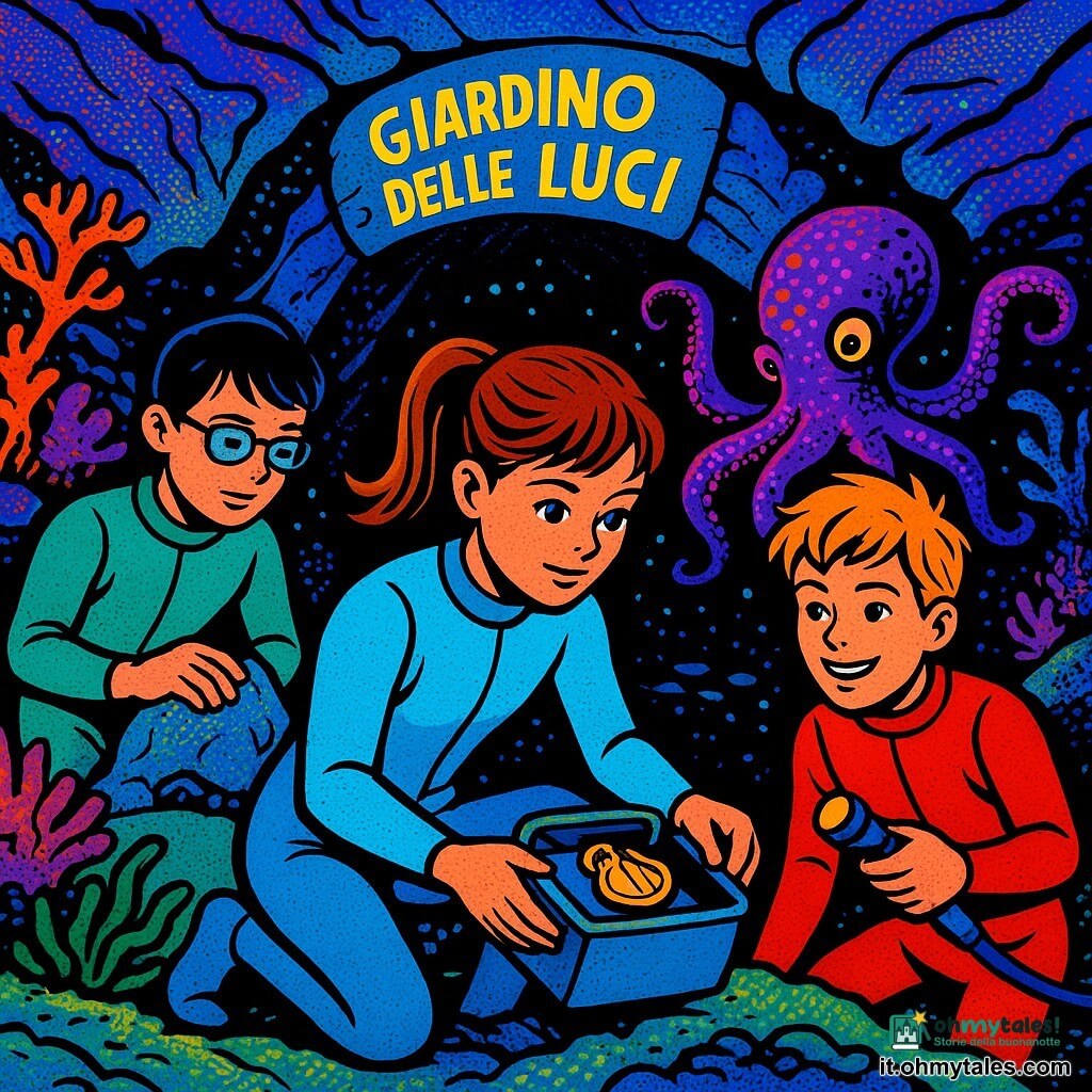 Ci sono tre bambini di 12 anni: Nina, ragazza con coda di cavallo castana e occhi vivaci in muta azzurro chiaro, è inginocchiata al centro mentre posa un medaglione dorato in una piccola cavità di roccia; Amir, ragazzo con occhiali sottili e capelli neri corti in muta verde acqua, è a sinistra e modella una falsa pietra d'argilla marina; Leo, ragazzo biondo spettinato in muta rosso scuro, è a destra con una piccola torcia subacquea spenta a sorvegliare l'ingresso della grotta. Luogo: grotta sottomarina chiamata "Giardino delle Luci" con pareti scolpite, coralli a ventaglio arancioni e viola, tappeti di alghe verde smeraldo e acqua trasparente blu profondo punteggiata da bioluminescenze verdi e blu; piccoli banchi di pesci argentati formano anelli. Situazione: i bambini nascondono il medaglione nella cavità camuffando l'ingresso con una pietra d'argilla e conchiglie; un curioso polpo violaceo li osserva dal fondo, i suoi tentacoli mossi evidenziati da filamenti luminosi di plancton. Stile: composizione dinamica, colori saturi, contrasti netti e forme stilizzate in tono pop art, atmosfera magica e avventurosa ma tranquilla.