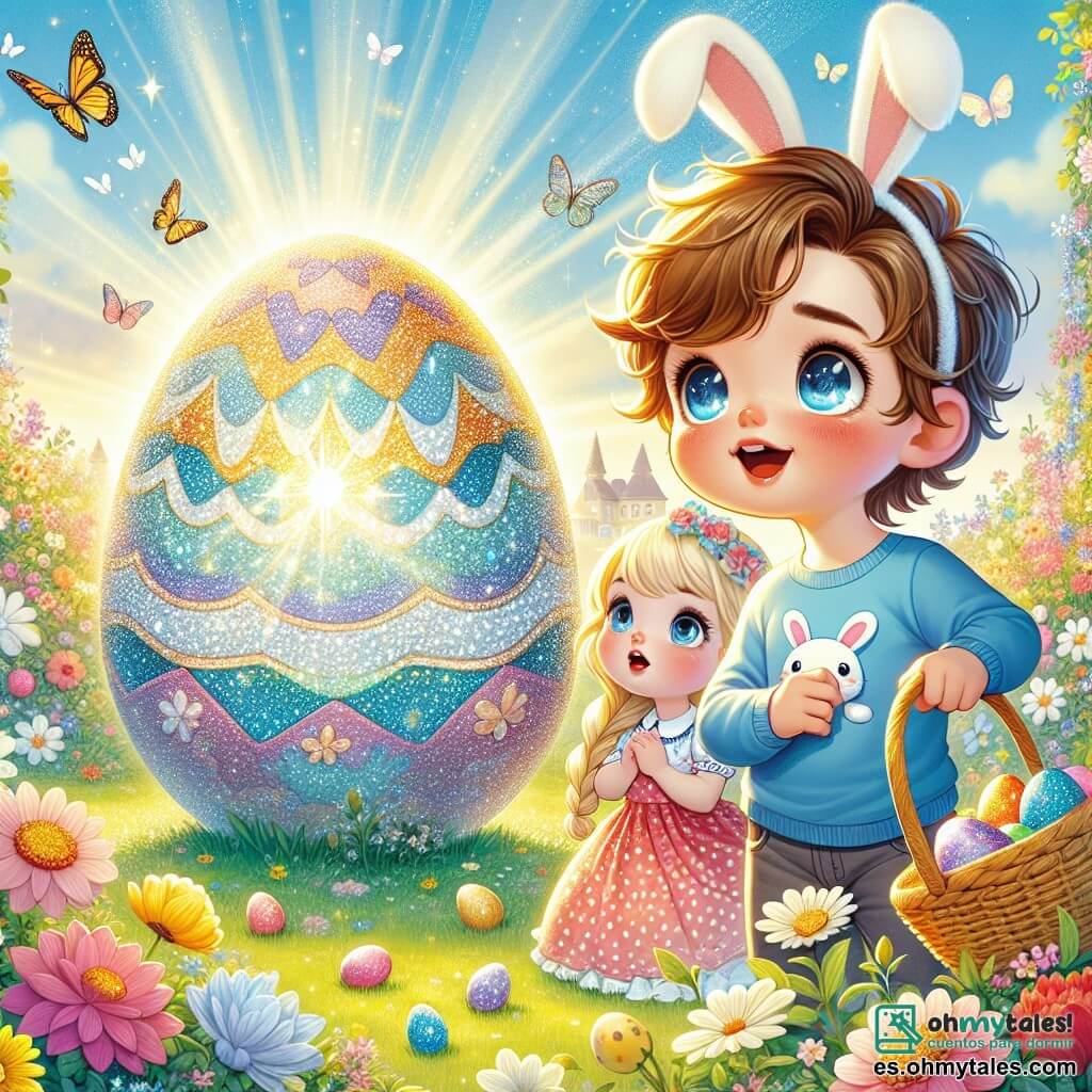 Un niño de 6 años, llamado Nico, con el cabello castaño despeinado y ojos llenos de curiosidad, se encuentra frente a un huevo de Pascua gigante y brillante, con las mejillas sonrojadas por la emoción. Lleva una camiseta azul con un pequeño conejo dibujado y orejas de conejo de papel en la cabeza, con una mirada maravillada y una gran sonrisa en el rostro. Junto a él, su hermana de 8 años, Clara, con largos cabellos rubios trenzados y un vestido rosa con lunares, observa el gran huevo con los ojos muy abiertos, sosteniendo una pequeña cesta de mimbre llena de huevos coloridos. Su mamá, una mujer sonriente con cabello castaño, está en el fondo, agachada para colgar una guirnalda de conejos de papel en un arbusto florecido. La escena transcurre en un jardín soleado, lleno de flores brillantes, mariposas revoloteando y un cielo azul claro salpicado de nubes blancas esponjosas. En el centro de la imagen, Nico toca el huevo dorado, intrigado por el pequeño papel pegado, listo para seguir las pistas y descubrir la sorpresa de Pascua.