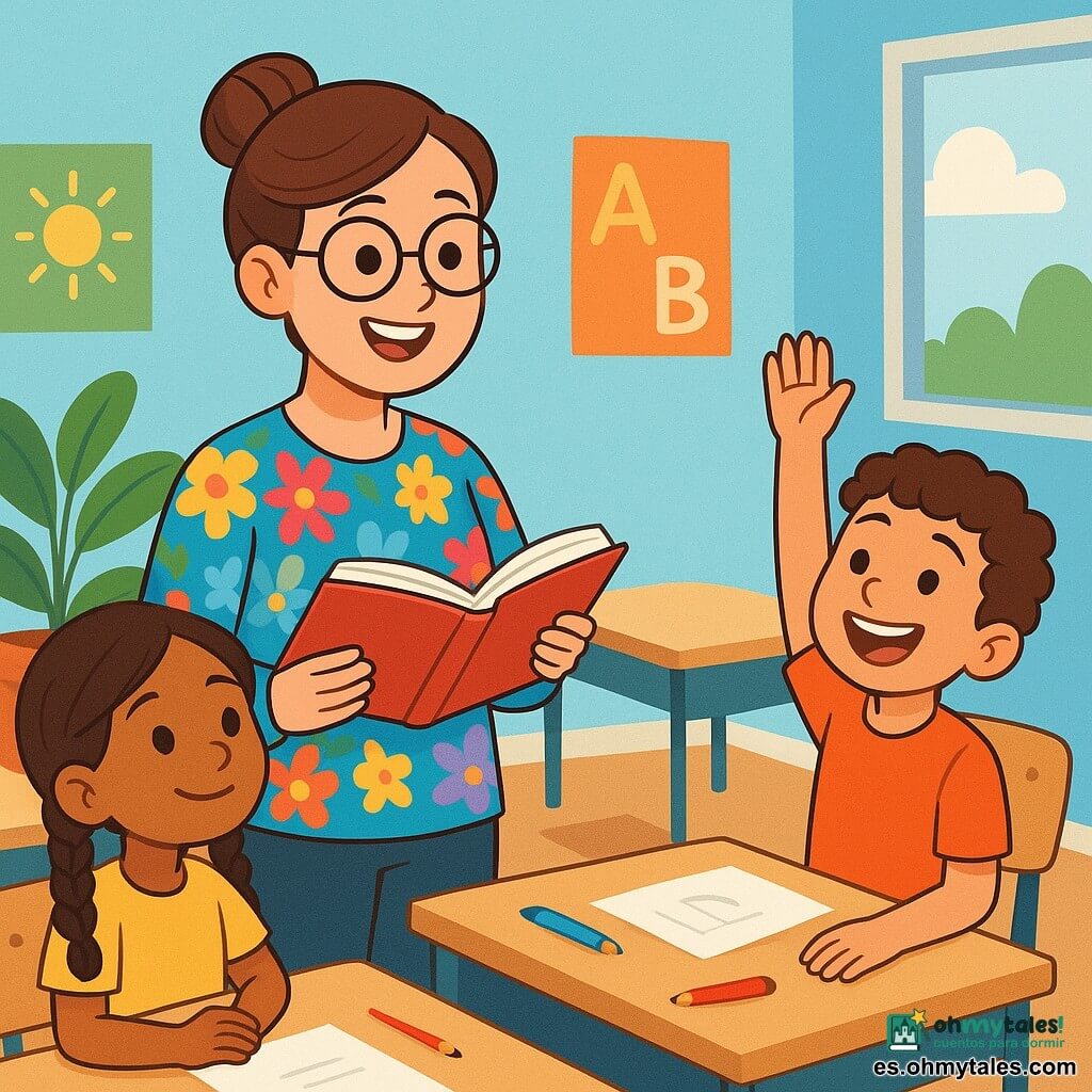 Una maestra, Clara, es una mujer sonriente de unos treinta años, con el cabello castaño recogido en un moño y gafas redondas. Lleva una blusa colorida adornada con dibujos de flores y sostiene un libro abierto en sus manos, mirando a sus alumnos con ojos brillantes de alegría y aliento. Junto a ella, Mateo, un niño de 8 años con cabello rizado y piel clara, levanta la mano con una gran sonrisa, ansioso por compartir su idea. Lila, una niña de 7 años con trenzas y piel caramelo, está sentada en su silla, con las manos en las rodillas, escuchando atentamente. La escena transcurre en un aula luminosa, con paredes pintadas de azul cielo y carteles coloridos colgados. Los escritorios de madera están dispuestos en círculo, y hay lápices y hojas de papel esparcidos sobre las mesas. La situación principal muestra a Clara explicando a los niños cómo levantar la mano para hablar, con un aire cálido y alentador. Los niños, cautivados, imitan su gesto, creando una atmósfera alegre y respetuosa, llena de colores vivos y sonrisas.