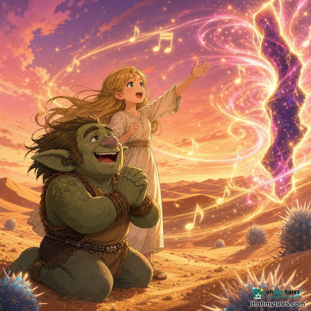 Un troll gioioso e caldo dai tratti rotondi, pelle verde salvia, naso largo e occhi ridanciani, inginocchiato e con le mani giunte a cantare verso una fessura luminosa; dietro di lui Lila, una ragazza di 12 anni dai lunghi capelli dorati e occhi verdi, in abito crema, anch'ella a cantare con la mano alzata verso la luce; il deserto è fatto di dune d'ambra con granelli scintillanti e piccole piante spinose blu pallido; la fessura magica è una crepa nell'aria con un alone vorticoso di luci rosa e dorate e scintille spirali; è il crepuscolo, cielo rosa-arancio e ombre lunghe, mentre note musicali luminose avvolgono la frattura mentre cantano per richiuderla.