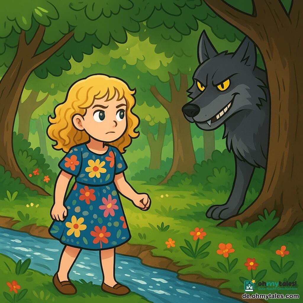 Ein 10-jähriges Mädchen mit lockigem, goldenem Haar und neugierigen Augen steht am Rand eines glitzernden Bachs. Sie trägt ein buntes Blumenkleid und ihr Gesicht strahlt fröhliche Entschlossenheit aus. Einige Schritte entfernt steht ein großer, böser Wolf mit durchdringenden gelben Augen und grauem Fell im Schatten der Bäume und zeigt ein listiges Lächeln. Der Wolf scheint bereit zu sein, sie zu befragen, seine kräftigen Pfoten fest im Boden verankert. Der Ort ist ein verwunschener Wald mit majestätischen Bäumen, dicken Stämmen und lebhaften grünen Blättern, während Sonnenstrahlen durch das Laub brechen und leuchtende Muster auf den Boden werfen. Bunte Wildblumen wachsen zwischen den Wurzeln der Bäume und verleihen der Umgebung einen Hauch von Magie. Die Hauptsituation zeigt das mutige und aufmerksame Mädchen, das dem sanften Murmeln des Baches lauscht, während der listige Wolf versucht, sie mit seinem trügerischen Gesang zu täuschen. Die Atmosphäre ist sowohl faszinierend als auch voller Spannung und fängt den Moment ein, in dem der Mut des Mädchens auf die Probe gestellt wird.