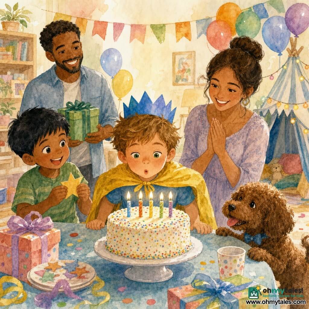 A 6-year-old boy with tousled light brown hair and bright green eyes, wearing a blue paper crown and yellow cape, blows out five small candles on a round white cake with colorful sprinkles while his smiling mother (30–35, brown hair in a bun) stands behind with hands clasped, his father (30–40, light beard, casual shirt) holds a green gift box in the corner, his friend Arlo (6–7, short black hair) stands nearby holding a small paper star, and a curly brown dog named Buddy with a blue bow tie sits at the table; the scene is a warm, joyful indoor birthday in a bright living room with light wood floors, colorful paper garlands, floating balloons, a striped tent with fairy lights, and a “HAPPY BIRTHDAY” banner, painted in soft watercolor tones.