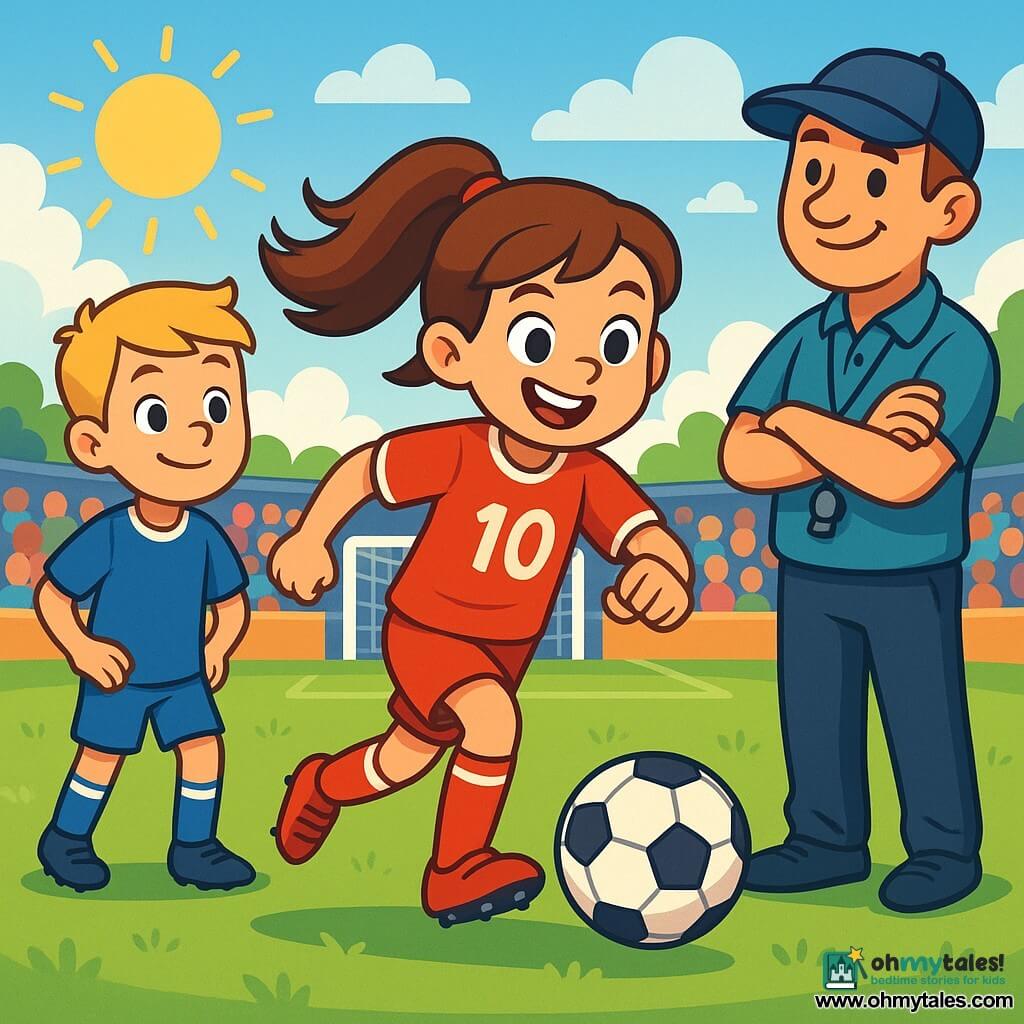 A young girl, Lily, about 12 years old, is at the center of the image. She has long brown hair tied in a dynamic ponytail and wears a red soccer jersey with the number 10. Her face shows joyful determination, with a big smile and sparkling eyes of excitement. She skillfully dribbles the soccer ball on the field. Next to her, a 13-year-old boy, her friend Max, has short blonde hair. He wears a blue jersey and looks at Lily with admiration, ready to cheer her on. A coach, a man around 40 with a cap and a whistle around his neck, stands at the edge of the field, watching the scene closely with a proud smile. The setting is a green soccer field surrounded by stands filled with enthusiastic spectators. The sky is blue with a few white clouds, and the sun is shining, creating a joyful and energetic atmosphere. The main situation shows Lily dribbling the ball, ready to score a decisive goal in an important match, while her friends and the coach cheer her on enthusiastically.