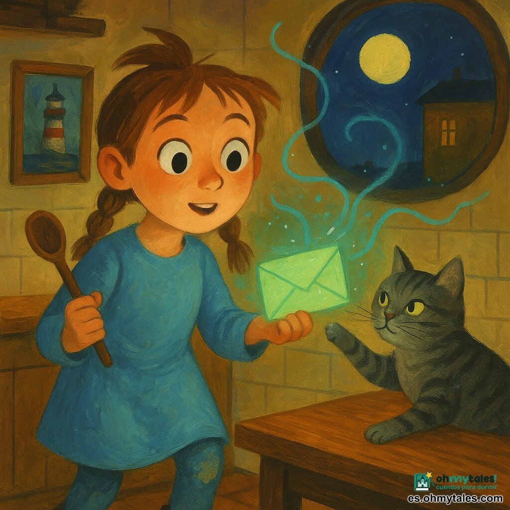Nora es una aprendiz de bruja de diez años, curiosa y asombrada, con la frente levantada como una pequeña bandera; sostiene una cuchara de madera en una mano y un sobre verde que brilla en la otra, viste un vestido azul cielo simple con coderas remendadas y botas gastadas, el pelo castaño claro recogido en dos pequeñas trenzas. El gato Níspero, gris atigrado, está en el borde de la mesa, empuja suavemente la cuchara con la pata y mira el sobre con picardía. La cocina es pequeña y acogedora, con azulejos crema, mesa de madera y una ventana redonda por la que entra una luna amarillo pálido y se ve un edificio de ladrillo miel a lo lejos; en la pared hay un cuadro de un faro que parece guiñar, la pintura agrietada como tela que se deshace. Hilos luminosos azul verdosos flotan en el aire alrededor de Nora y del sobre como si el mundo se deshiciera en cintas brillantes; la escena es nocturna, dulce y mágica, con texturas de gouache, pinceladas gruesas, contrastes cálidos y sombras suaves.