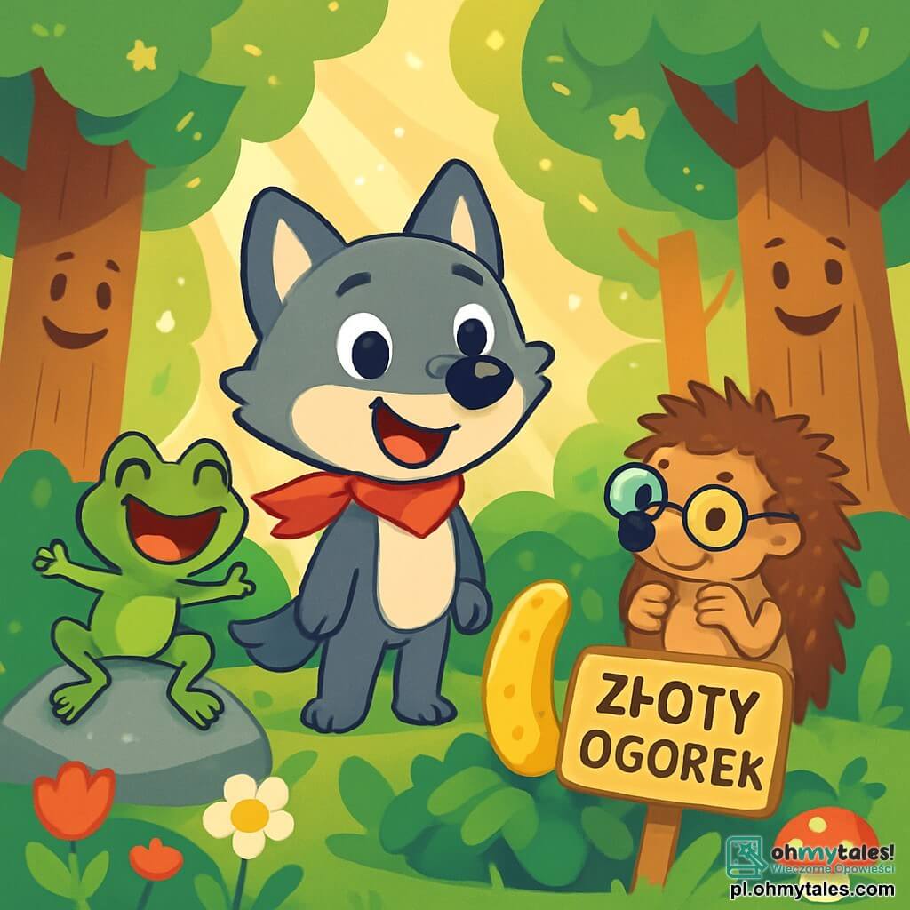 Mały wilk o błyszczących oczach i miękkim futrze, nazwany Lulek, stoi w centrum sceny z wielkim, zachwyconym uśmiechem na twarzy. Ma na sobie ładny czerwony szalik, który lekko powiewa na wietrze. Obok niego skacze wesoło mała zielona żaba, Żania, z okrągłymi, błyszczącymi oczami, śmiejąc się na całe gardło na dużym kamieniu. Nieco z tyłu stoi stary jeż, Pan Kolczasty, z niechlujnymi kolcami i okularami na nosie, uśmiechając się z rozbawieniem, szukając swoich okularów. Scena rozgrywa się w zaczarowanym lesie, gdzie drzewa są wysokie i majestatyczne, a ich liście błyszczą jak gwiazdy na słońcu. Kolorowe kwiaty i zabawne grzyby rozsiane są po ziemi, a promienie światła filtrują się przez gałęzie, tworząc magiczną i radosną atmosferę. Lulek, Żania i Pan Kolczasty szukają tajemniczego Złotego Ogórka, śmiejąc się razem, gdy odkrywają dziwny, złoty przedmiot w kształcie ogra pod krzakiem, podczas gdy drzewa zdają się uśmiechać wokół nich.