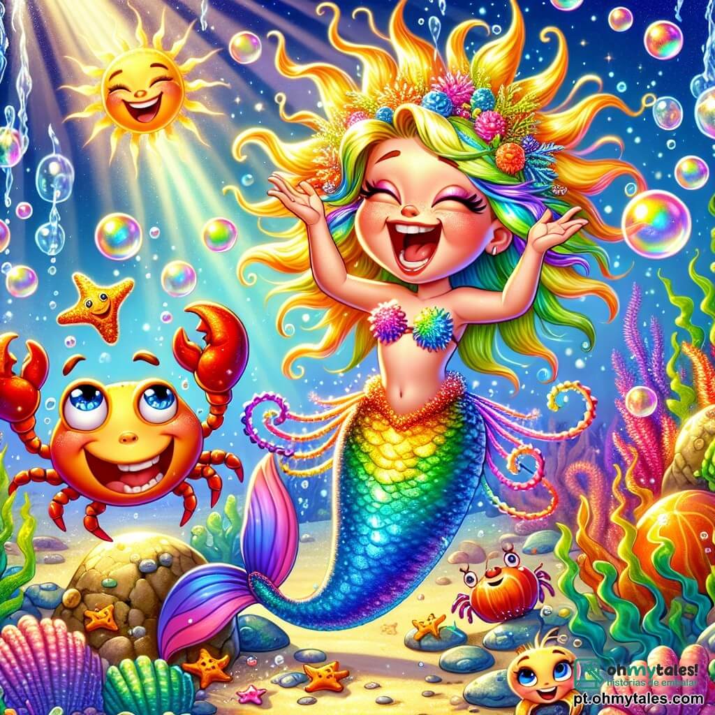 Uma sereia alegre chamada Luna, com cabelos dourados brilhantes como o sol e uma cauda colorida como o arco-íris, ri fazendo caretas divertidas. Ela está cercada por bolhas coloridas que flutuam ao seu redor, mostrando sua felicidade. Ao lado dela, um pequeno caranguejo chamado Zico, com uma carapaça vermelha e pinças que se agitam, aplaude rindo, sentado em uma pedra coberta de algas. Um pouco mais longe, um polvo malabarista chamado Bola jongla com estrelas-do-mar, seus tentáculos coloridos se estendendo em todas as direções. O fundo da ilustração mostra um reino subaquático mágico, cheio de corais multicoloridos, peixes cantores e raios de luz filtrando pela água. A cena principal mostra Luna, Zico e Bola preparando um festival de risadas, com bolhas brilhantes e risadas que preenchem a água, ilustrando uma atmosfera festiva e de camaradagem subaquática.