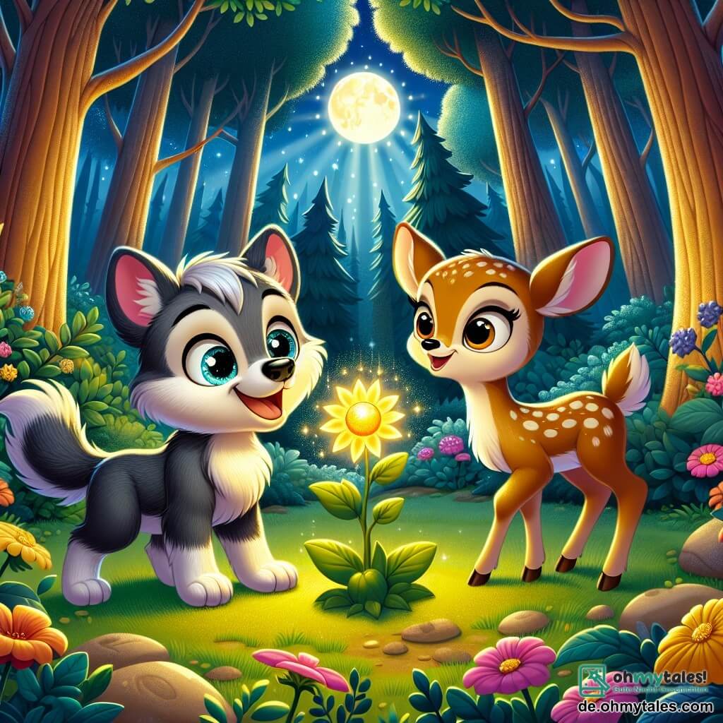 Ein kleiner Wolf namens Lupo, mit glänzend grauem Fell und neugierigen Augen, steht begeistert in der Mitte der Szene und entdeckt ein wunderschönes goldenes Licht, das von einer Blume ausgeht. Neben ihm schaut ein kleines Rehkitz mit hellbraunem Fell und großen, sanften Augen, das Lupo dankbar anblickt und eine sanfte Melodie singt. Die Kulisse ist eine verzauberte Lichtung, umgeben von hohen Bäumen mit dicken Stämmen und üppigem Laub, wo Mondstrahlen durch die Äste funkeln und bunte Blumen sanft im nächtlichen Wind tanzen. Lupo ist fasziniert von der goldenen Blume, die im Mondlicht leuchtet, während das Rehkitz fröhlich singt und eine magische, freundliche Atmosphäre schafft.