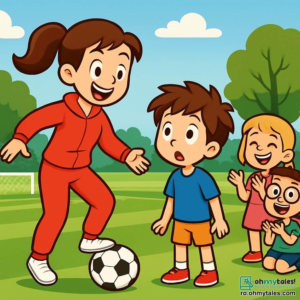 O femeie veselă, Marta, cu părul brun prins într-o coadă de cal, poartă un trening roșu aprins și adidași albi. Ea zâmbește larg, arătându-și entuziasmul în timp ce le arată copiilor cum să dribleze un mingea de fotbal. Aproape de ea, un băiat de 10 ani, Alex, cu părul șaten și un tricou albastru, o observă cu ochii mari, fascinat de trucurile pe care i le arată Marta. Doi alți copii, o fată cu părul blond și o fustă roz și un băiat cu ochelari și un tricou verde, se află în spatele lui, râzând și aplaudând. Decorul este un parc verde, cu un teren de fotbal bine întreținut, copaci măreți în depărtare și un cer albastru presărat cu câteva nori albi pufoși. Scena principală o arată pe Marta demonstrând un dribling elegant, în timp ce Alex și ceilalți copii o încurajează, exprimându-și bucuria și entuziasmul pentru fotbal.