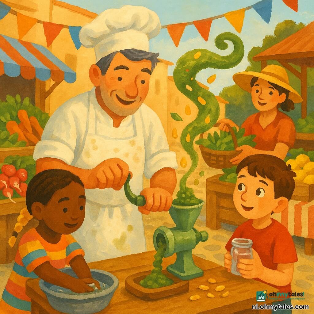 Een lieve, glimlachende chef-kok met zout-en-peperhaar en een licht bevlekt wit schort stampt groene bladscheuten in een kleine hakmachine op een houten tafel terwijl een ongeveer 8-jarige jongen met kort bruin haar vol verwondering een schoon glazen potje vasthoudt; een ongeveer 6-jarig blond meisje met een vlecht wast haar handen in een zinken teil links van de chef; een ongeveer 40-jarige boerin met gebruinde huid en strohoed reikt een mand verse bladscheuten aan vanuit een kist; dorpsmarkt overdag met houten kramen, gestreepte doeken en kleurige groentekisten; de groene pestopasta kringelt geurend, glanzende olie-druppels en gebroken amandelen vallen, zachte namiddaglicht en warme gouachekleuren.