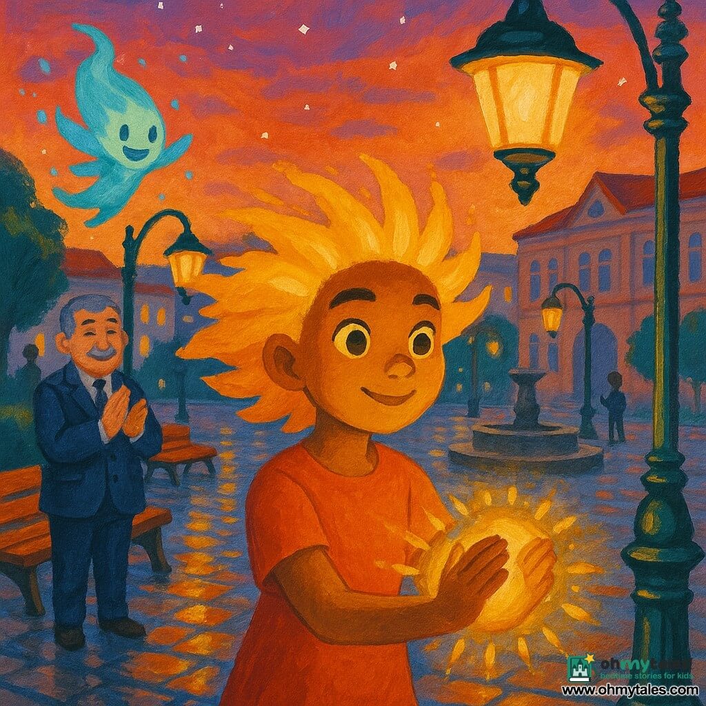 The protagonist is Nova, a radiant-faced girl with hair like golden rays and bright eyes, who with a gentle, determined expression holds her hands before a lamppost to conjure a warm glow between her palms; a small magical sprite called Glimmerbyte, with a translucent body and turquoise flame, flutters by her shoulder leaving sparks, while Mayor Brightwell, about fifty in a navy suit with a gray mustache, stands back applauding softly; the scene is the town square at dusk—gleaming cobbles, a stone fountain, a row of solar lampposts, an orange-pink sky with first stars—as Nova restores the tired lampposts, soft light rippling in circles and warm reflections on the stones, creating a calming, magical atmosphere.