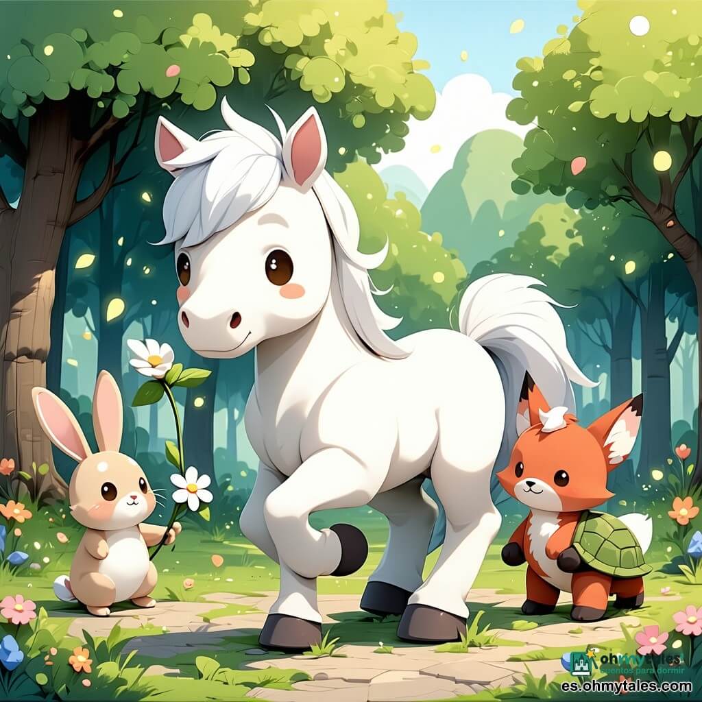 Un caballo blanco llamado Nube, de pelaje esponjoso, trota alegre y tranquilo llevando en la boca una flor mágica; a su lado salta una liebre beige de largas orejas rosadas, detrás camina un zorro rojizo con otra flor y una tortuga verde y lenta sigue con una pequeña corona de flores en el caparazón; cruzan en fila piedras planas de un arroyo de agua clara que brilla, junto a un prado azul con flores y un gran árbol de hojas doradas, bajo un cielo azul pastel con rayos de sol suaves y mariposas multicolor.