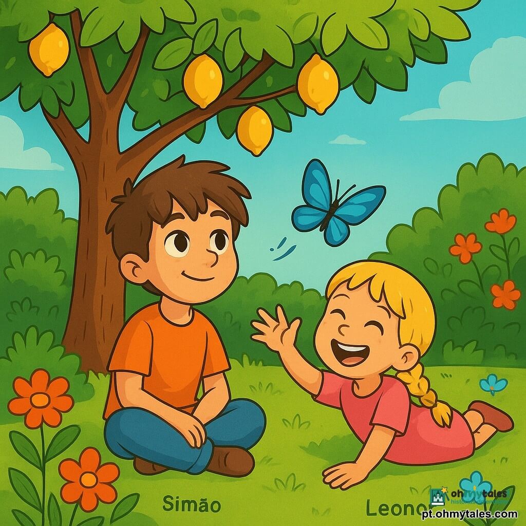 Um menino de 8 anos, chamado Simão, com cabelos castanhos bagunçados e olhos cheios de curiosidade, está sentado sob um grande limoeiro. Ele tem um sorriso suave e sonhador, com as pernas cruzadas e as mãos sobre os joelhos, contemplando uma linda borboleta azul que voa ao seu redor. Ao seu lado, sua irmã Leonor, uma menina de 6 anos com cabelos loiros trançados e olhos brilhantes, está deitada na grama, rindo e tentando pegar a mesma borboleta. O jardim é encantador, repleto de flores coloridas, arbustos verdes e um céu azul radiante, onde o sol filtra através das folhas, criando sombras dançantes no chão. A cena principal mostra Simão, perdido em seus pensamentos, descobrindo a beleza do silêncio e da natureza, enquanto Leonor, cheia de alegria, traz leveza e risadas a esse momento pacífico.