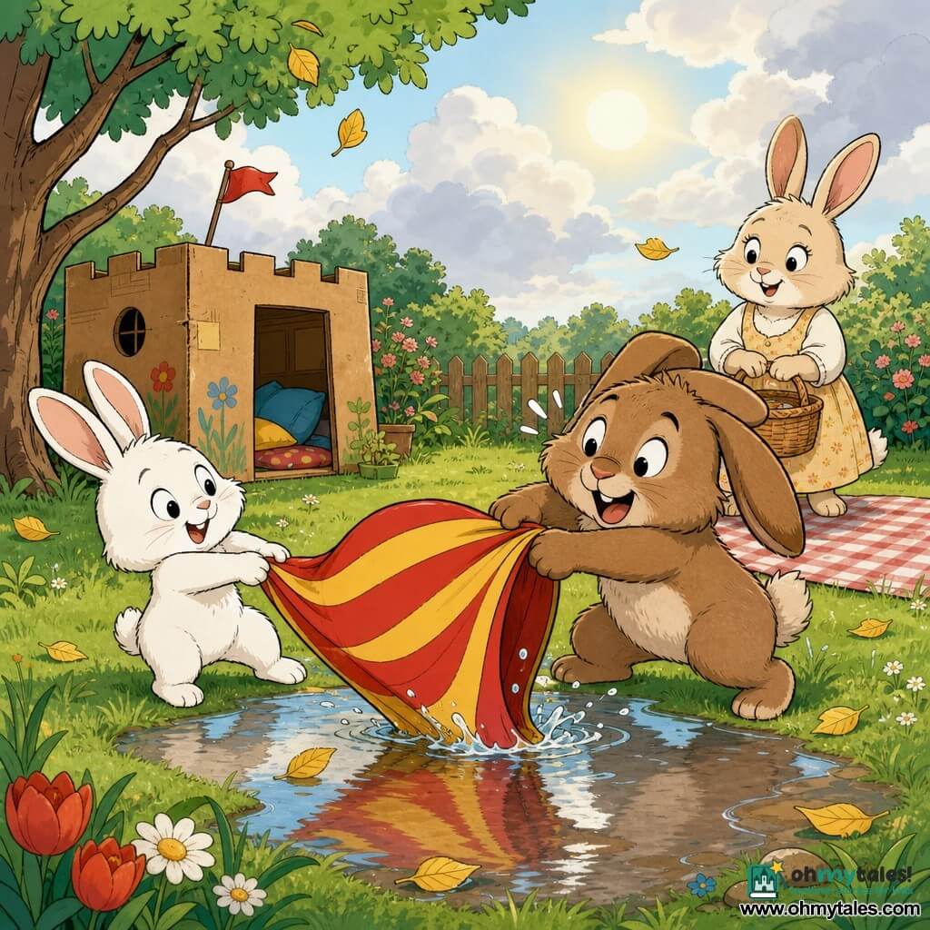 A small white rabbit with upright ears, round shiny eyes and a playful grin pulls hard on a large red-and-yellow striped hat half on a puddle while a big brown rabbit with droopy ears and a surprised laugh pulls the other side opposite him; a cream-furred mother rabbit in a simple dress holding a picnic basket smiles nearby by a checkered mat where the hat sat; bright garden setting with green grass, a shiny puddle reflecting the hat, a cardboard box fort, a few falling yellow leaves and a soft sun breaking through clouds; a gentle, comic tug-of-war as the hat tips and splashes into the puddle, in a warm, rounded European comic style with clear lines and simple textures for toddlers.