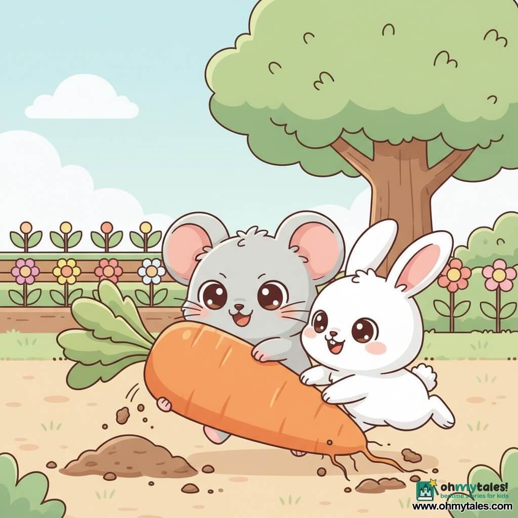 A light-gray rat with soft fur and bright round eyes smiles mischievously as it pushes a huge orange carrot with its front paws while a small white bunny with fluffy fur and pink ears jumps and pulls it, their bodies close and coordinated; in the background a colorful garden with brown soil, rows of green vegetables, round-petaled flowers and a large oak with green leaves; the carrot is partly buried with visible roots and clumps of soil; soft light, pastel colors, simple composition, rounded shapes, clear outlines, warm joyful mood.