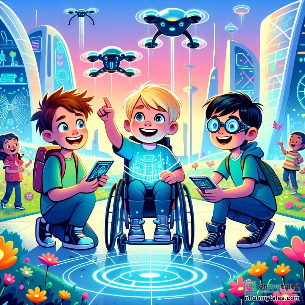 In een futuristisch park in de stad Neotropolis staan drie vrienden samen. Joris, een 11-jarig jongen met rommelig bruin haar en een stralende glimlach, toont zijn zwevende skateboard. Naast hem zit Sam, een 11-jarig jongen met blond haar en een bril, in zijn hightech rolstoel, lachend en wijzend naar een holografisch scherm dat voor hen zweeft. Ten slotte houdt Felix, een 11-jarig jongen met zwart haar en een veiligheidsbril, een klein glanzend apparaat in zijn handen, met sprankelende ogen van opwinding. Het park is gevuld met luminescente bloemen en drones die de planten besproeien. Op de achtergrond schitteren futuristische gebouwen met golvende vormen onder een blauwe lucht, terwijl stille vliegende voertuigen boven hen glijden. De drie vrienden testen samen de Connect-o-Matic, een apparaat dat kinderen helpt vrienden te maken door hun gemeenschappelijke interesses te ontdekken. Ze lachen en moedigen elkaar aan, omringd door andere nieuwsgierige kinderen die dichterbij komen om te zien wat ze doen.