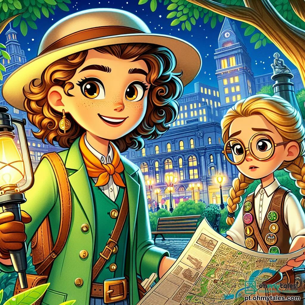 Lara, uma jovem de cabelos castanhos e cacheados, veste uma combinação de exploradora verde e um chapéu de palha. Ela tem olhos brilhantes de curiosidade e um grande sorriso, segurando uma lanterna em uma mão e um velho jornal na outra, pronta para descobrir os mistérios escondidos sob a cidade. Ao seu lado, Sofia, uma menina de cabelos loiros e trançados, com cerca de 10 anos, usa óculos redondos e um colete cheio de ferramentas de invenção. Ela examina um mapa com concentração, se posicionando levemente para trás para ver melhor. A cena acontece em um parque central movimentado de Luminópolis, com árvores verdes, bancos de madeira e um antigo monumento no centro. Ao fundo, vê-se edifícios modernos com janelas brilhantes e um grande relógio que toca. Lara e Sofia se preparam para entrar em um túnel misterioso, cercadas por sombras e luzes, com folhas caídas ao redor, enquanto trocam olhares excitados, prontas para viver uma grande aventura.