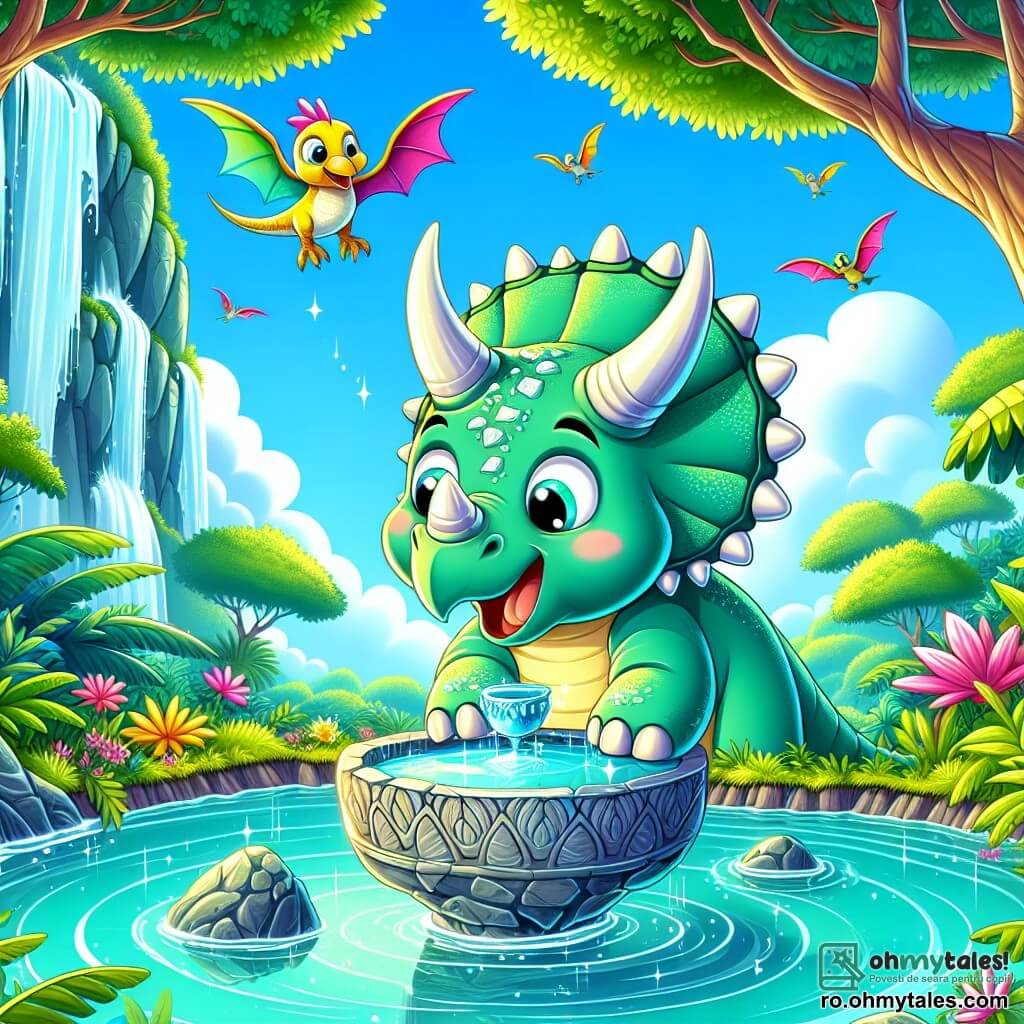 Un triceratops vesel, cu o piele verde strălucitoare și coarne albe, stă pe marginea unui minunat Craterul Apei Turcoaz. Ochii săi mari și rotunzi strălucesc de entuziasm în timp ce privește o cupă sacră strălucitoare, așezată delicat pe o piatră lustruită. Lângă el, un mic pterodactil cu aripi colorate, zâmbind jucăuș, zboară în jurul său, adăugând un strop de dinamism scenei. Fundalul este plin de vegetație luxuriantă, cu copaci uriași cu frunze strălucitoare și flori vibrante, în timp ce o apă turcoaz strălucitoare reflectă cerul albastru deschis. În această scenă, Tico, triceratopsul, descoperă cupa sacră, pregătit să protejeze Râul Cristalin cu ajutorul prietenului său zburător.