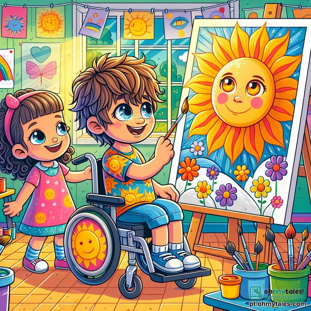 Um menino de 4 anos, Lucas, sorridente com olhos brilhantes, está sentado em sua cadeira de rodas. Ele tem cabelo castanho bagunçado e usa uma camiseta colorida com padrões de sol. Ele está pintando um grande mural com cores vivas, mostrando um sol amarelo brilhante e flores multicoloridas, seu rosto radiante de alegria e concentração. Ao seu lado, uma menina de 4 anos, Ana, com cabelo cacheado e vestido rosa, está em pé segurando um pincel e olhando para Lucas com admiração, pronta para ajudá-lo a pintar. Ela sorri calorosamente, compartilhando a empolgação do momento. O local é uma sala iluminada e acolhedora, com paredes brancas decoradas com desenhos de crianças. Mesas estão cobertas de potes de tinta colorida e pincéis, e raios de sol filtram através de grandes janelas, iluminando o espaço de maneira alegre. A situação principal mostra Lucas e Ana em plena criatividade, colaborando para criar uma obra de arte juntos, ilustrando a beleza da amizade e da inclusão, enquanto celebram os talentos únicos de cada um.