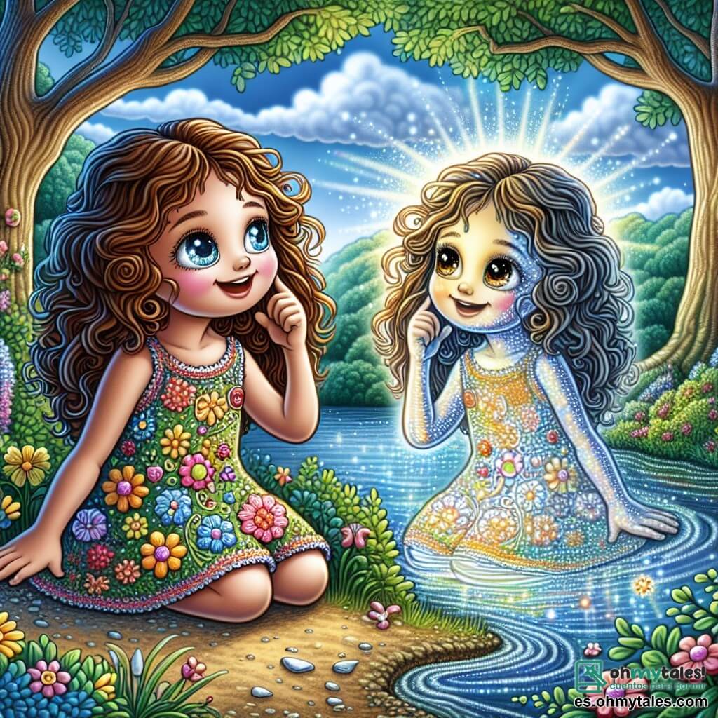 En el centro de la imagen, una niña de 8 años llamada Clara, con cabello castaño rizado y ojos llenos de curiosidad, está sentada al borde de un lago brillante. Lleva un vestido colorido adornado con flores y una pequeña mochila. Su rostro expresa asombro y alegría mientras mira su reflejo en el agua, donde una imagen sonriente le responde. Junto a ella, su reflejo, que parece cobrar vida, tiene los mismos rasgos que Clara, pero con un aura misteriosa y luminosa. Le guiña un ojo, como para animarla a explorar más. Al fondo, un paisaje encantador de bosques se despliega: árboles majestuosos con troncos gruesos, hojas brillantes como esmeraldas y flores de colores que salpican el suelo. El cielo es de un azul brillante, salpicado de nubes esponjosas, y rayos de sol filtran a través de las ramas, creando una atmósfera mágica. La escena principal muestra a Clara conversando con su reflejo, descubriendo la sabiduría del lago. El agua tranquila, como un espejo, refleja no solo su imagen, sino también los secretos y lecciones que el mundo tiene para ofrecer.
