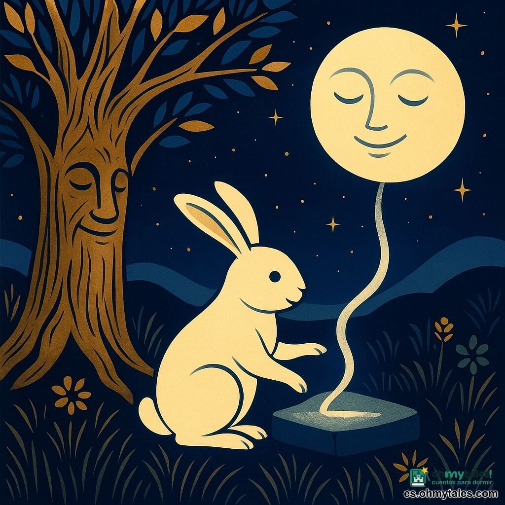 Un pequeño conejo blanco llamado Lino, de orejas largas y pelaje suave, toca delicadamente una cinta lunar plateada sobre una piedra plana; a su izquierda un viejo roble antropomórfico y protector muestra expresión sabia y sus ramas se inclinan hacia él, mientras una luna sonriente en el cielo envía un hilo luminoso en forma de cinta; la escena transcurre en un prado nocturno de hierba y flores estilizadas con colinas ondulantes, cielo azul profundo salpicado de estrellas doradas, ambiente tranquilo, misterioso y poético, composición centrada y simétrica con contraste de oro/plata sobre azul noche.