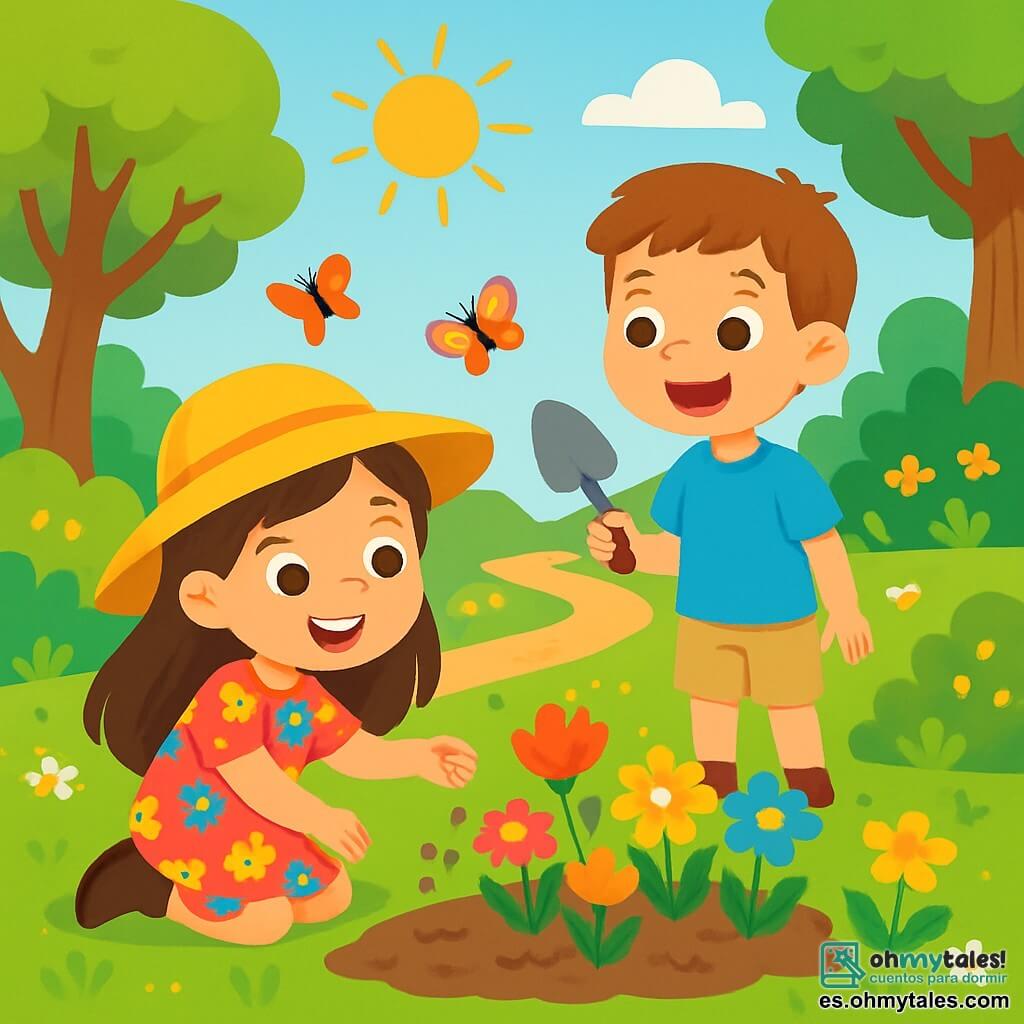 Hay 2 personajes principales: Clara, una niña de 6 años con largos cabellos castaños y una gran sonrisa, que lleva un sombrero amarillo brillante y un vestido de flores coloridas, y Pablo, un niño de 6 años con cabello corto y castaño, que lleva una camiseta azul y un pantalón corto beige. Clara está agachada plantando semillas en el jardín, mientras Pablo está de pie a su lado con una pequeña pala, mirando con entusiasmo las flores que comienzan a crecer. La escena tiene lugar en un parque natural vibrante, lleno de flores multicolores, árboles majestuosos y mariposas volando. El sol brilla en un cielo azul claro y se puede ver un pequeño sendero de tierra serpenteando a través del parque, bordeado de arbustos verdes y hermosas flores. La situación principal muestra a Clara y Pablo creando un jardín para las abejas, con flores brillantes que comienzan a florecer. Están alegres y concentrados, rodeados de una atmósfera de naturaleza viva, llena de colores y luz.
