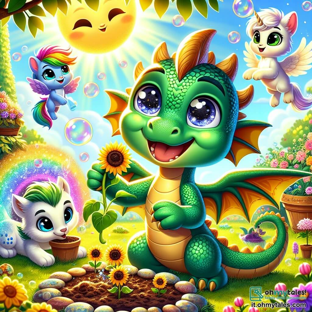 Fiocco, un giovane drago dalle squame verdi e brillanti, sta piantando semi di girasole in un giardino soleggiato. Il suo viso esprime grande gioia, con occhi scintillanti e un ampio sorriso, mentre usa delicatamente le sue piccole zampe per scavare nel terreno. Accanto a lui, Piuma, un piccolo unicorno dai crini arcobaleno, osserva con meraviglia, i suoi occhi brillanti di curiosità. Si regge sulle zampe anteriori, pronta ad annaffiare le piante con la sua magia. Stello, una volpe luminosa dai peli dorati, si dedica a decorare il giardino con pietre colorate, mostrando un'espressione concentrata e determinata. Gemma, un gattina alata dalle ali scintillanti, vola sopra di loro, sorridendo e aggiungendo tocchi di magia al decor. Il giardino è uno spazio vibrante, pieno di fiori colorati, verde lussureggiante e raggi di sole che filtrano tra le foglie degli alberi. Bolle di sapone fluttuano nell'aria, creando un'atmosfera magica e gioiosa. La scena principale mostra Fiocco e i suoi amici che lavorano insieme con entusiasmo per creare un magnifico giardino comunitario, simbolo della loro amicizia e collaborazione.