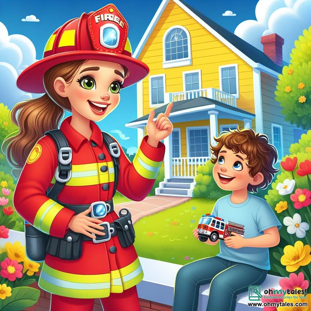 In the foreground, a firefighter named Fiona, smiling and determined, wears her bright red uniform with a shiny helmet. Her brown hair is tied in a ponytail, and her eyes sparkle with enthusiasm as she explains something to a young boy next to her. The boy, Max, seven years old, has curly hair and a wide smile. He is sitting on the porch with his legs dangling, holding a small plastic fire truck in his hands, listening to Fiona with admiration. The scene takes place on the porch of a sunny yellow house, surrounded by colorful flowers and a blue sky dotted with fluffy white clouds. In the background, a lush garden adds a touch of serenity to the environment. The main situation shows Fiona sharing her firefighter experience with Max, explaining how to rescue a stuck teddy bear while playing an imaginative game, creating a joyful and inspiring atmosphere.