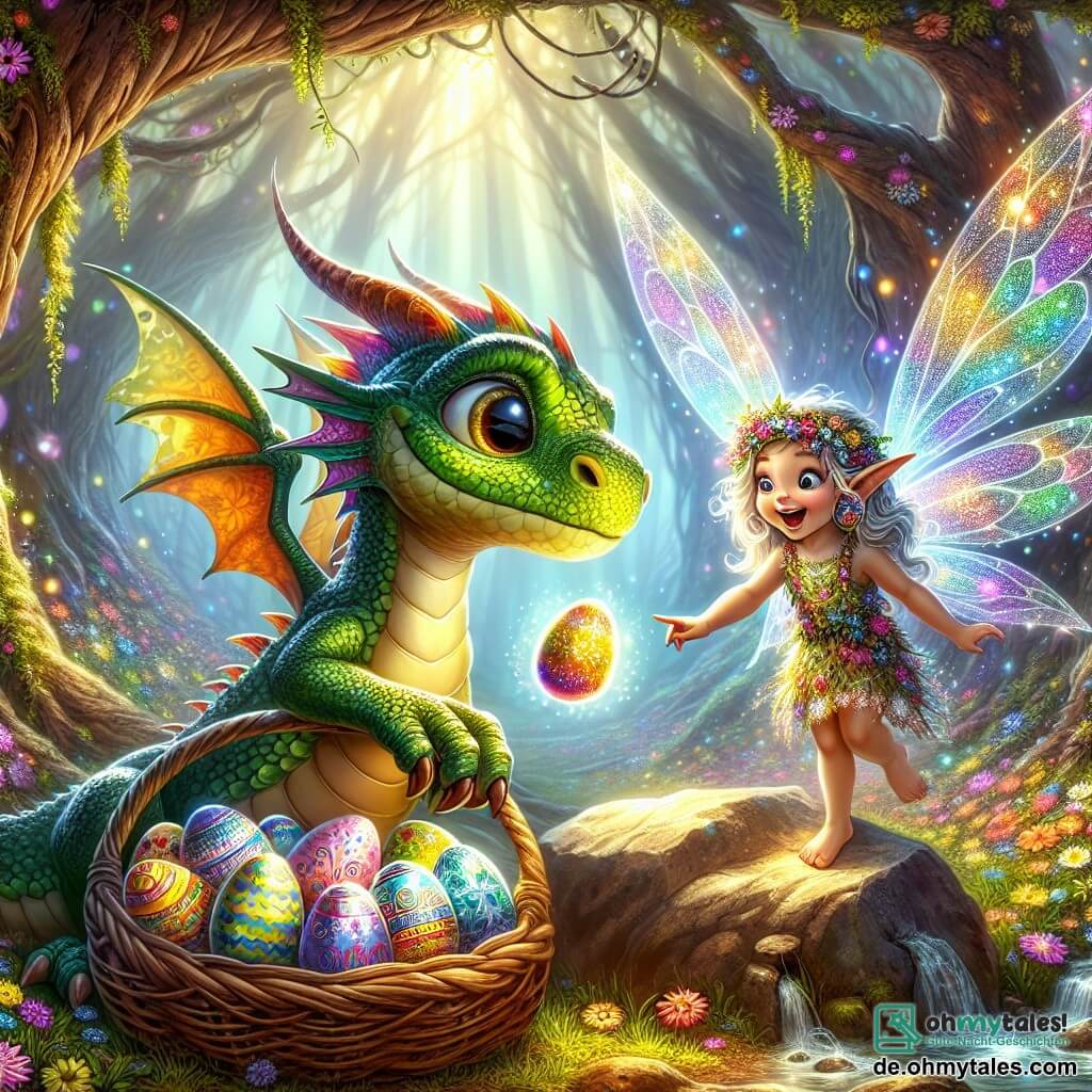 Ein kleiner Drache namens Flämmchen mit glänzenden, bunten Schuppen sitzt auf einem großen Felsen am Rande eines glitzernden Baches. Seine großen, runden Augen drücken Neugier und Aufregung aus, während er einen Korb voller bunter, magisch dekorierter Ostereier betrachtet. Neben ihm lächelt eine kleine Elfe mit durchsichtigen, schimmernden Flügeln und einem Kleid aus Blütenblättern fröhlich, während sie auf ein besonders glänzendes Ei zeigt. Sie wirkt amüsiert und voller Energie, schwebt leicht über dem Boden. Die Kulisse ist ein wunderschöner verzauberter Wald mit verdrehten Baumstämmen und leuchtend grünen Blättern, während bunte Blumen den Boden bedecken. Sonnenstrahlen filtern durch die Äste und schaffen eine magische, warme Atmosphäre. Flämmchen und die Elfe entdecken gemeinsam die versteckten Ostereier, die voller Magie und Überraschungen sind, in einer Atmosphäre von Abenteuer und Freude.