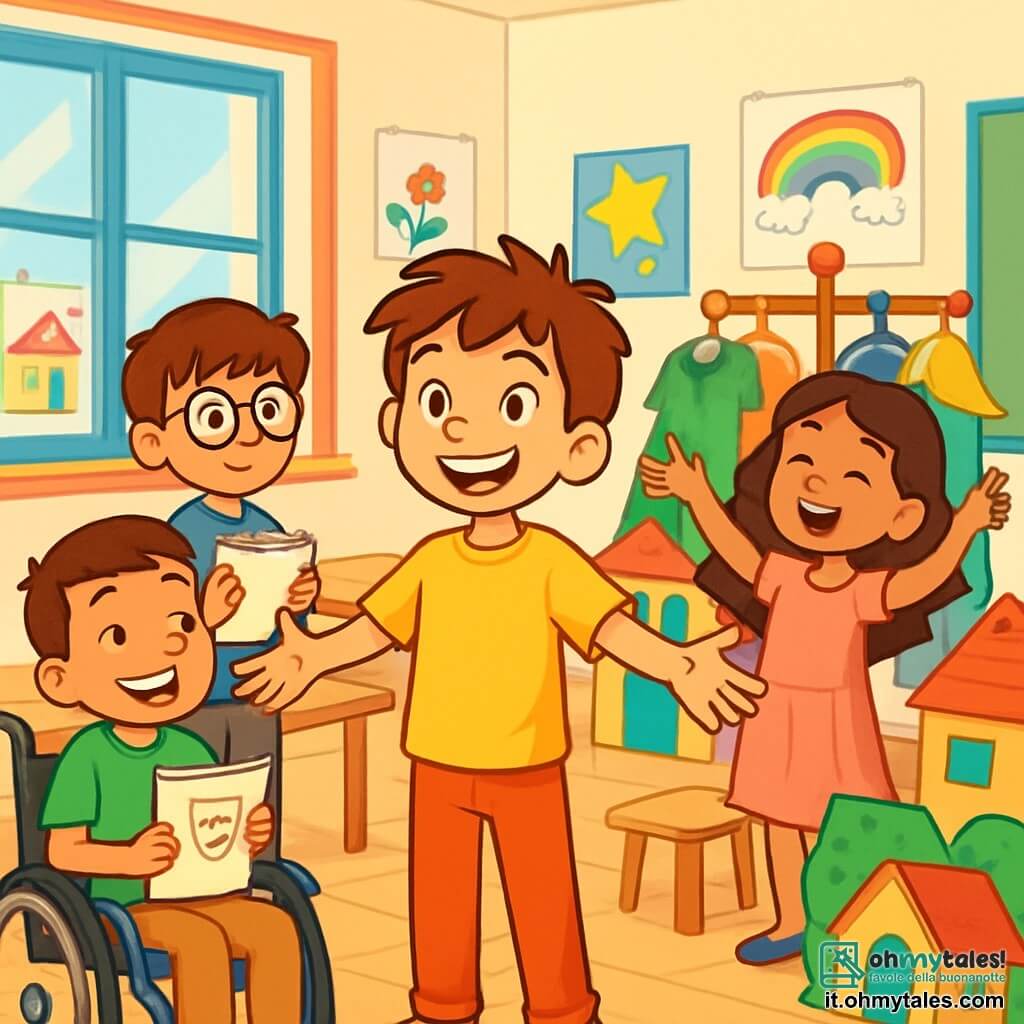 Ci sono 4 bambini: - Luca: un ragazzo di 10 anni con capelli castani disordinati, un sorriso brillante e una maglietta gialla. È al centro, con le braccia aperte, pieno di entusiasmo. - Matteo: un ragazzo di 10 anni con occhiali rotondi e capelli castani, indossa un maglione blu. È leggermente in disparte, con un taccuino da disegno in mano, dall'aria pensierosa. - Sara: una ragazza di 10 anni con capelli lunghi e ricci, indossa un vestito rosa. È a destra di Luca, canta gioiosamente, con le braccia alzate come se fosse sul palco. - Tommaso: un ragazzo di 10 anni in sedia a rotelle, con capelli corti e un grande sorriso. È a sinistra di Luca, tiene un copione in mano, pronto a incoraggiare i suoi amici. L'ambientazione è in un'aula luminosa, con muri decorati da disegni colorati e manifesti di spettacoli passati. I banchi di legno sono disposti a semicerchio, e una grande finestra lascia entrare la luce del sole, illuminando la scena. La situazione principale mostra i quattro amici che provano la loro commedia, circondati da costumi colorati e scenografie di cartone. Sono tutti concentrati ed entusiasti, pronti a superare i loro dubbi e divertirsi insieme.