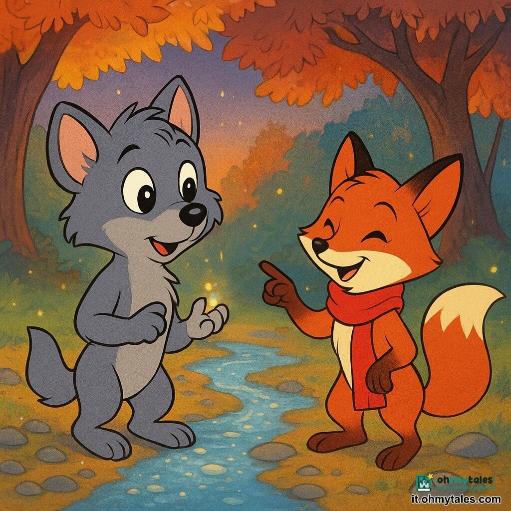 Un giovane lupo di nome Brumo, con un morbido manto grigio e grandi occhi brillanti, si trova curioso e meravigliato su una viuzza di piccole pietre scintillanti. Accanto a lui, una piccola volpe con una sciarpa rossa, di nome Lù, sorride maliziosamente indicando un ruscello ghiacciato. Sullo sfondo, alberi maestosi dalle foglie multicolori formano un arco naturale, illuminato da una luce crepuscolare dolce e magica. La scena si svolge in un boschetto incantevole dove passato e futuro sembrano incontrarsi, con lucciole che illuminano l'aria intorno a loro. Brumo tiene delicatamente un piccolo seme brillante, simbolo di viaggio nel tempo, mentre ascolta attentamente le storie del vento.