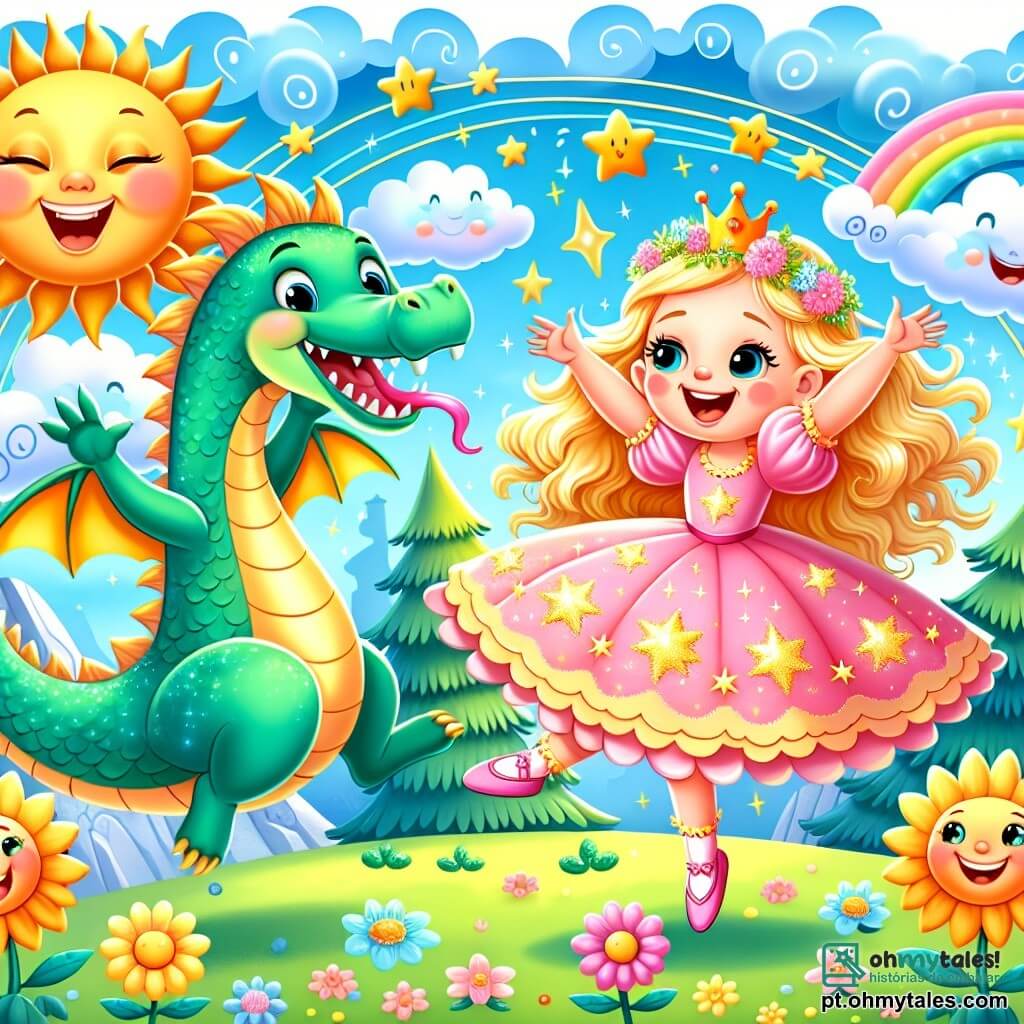 A princesa Lila, uma menina de cerca de 7 anos, tem longos cabelos dourados que brilham como o sol. Ela usa um vestido rosa com estrelas cintilantes e um grande sorriso no rosto, cheia de alegria enquanto dança com o dragão. O dragão, chamado Drago, é um grande dragão verde com escamas brilhantes e olhos cheios de travessura. Ele faz piruetas no ar, com as asas abertas, parecendo rir de felicidade enquanto dança com Lila. A cena acontece na Montanha Mágica, uma paisagem encantadora com nuvens coloridas flutuando no céu azul, árvores com folhas multicoloridas que dançam ao ritmo da música e flores sorrindo ao redor. Lila e Drago dançam alegremente juntos, cercados de risos e cores, criando uma atmosfera mágica e cheia de vida, onde o vento também parece querer se juntar à dança.