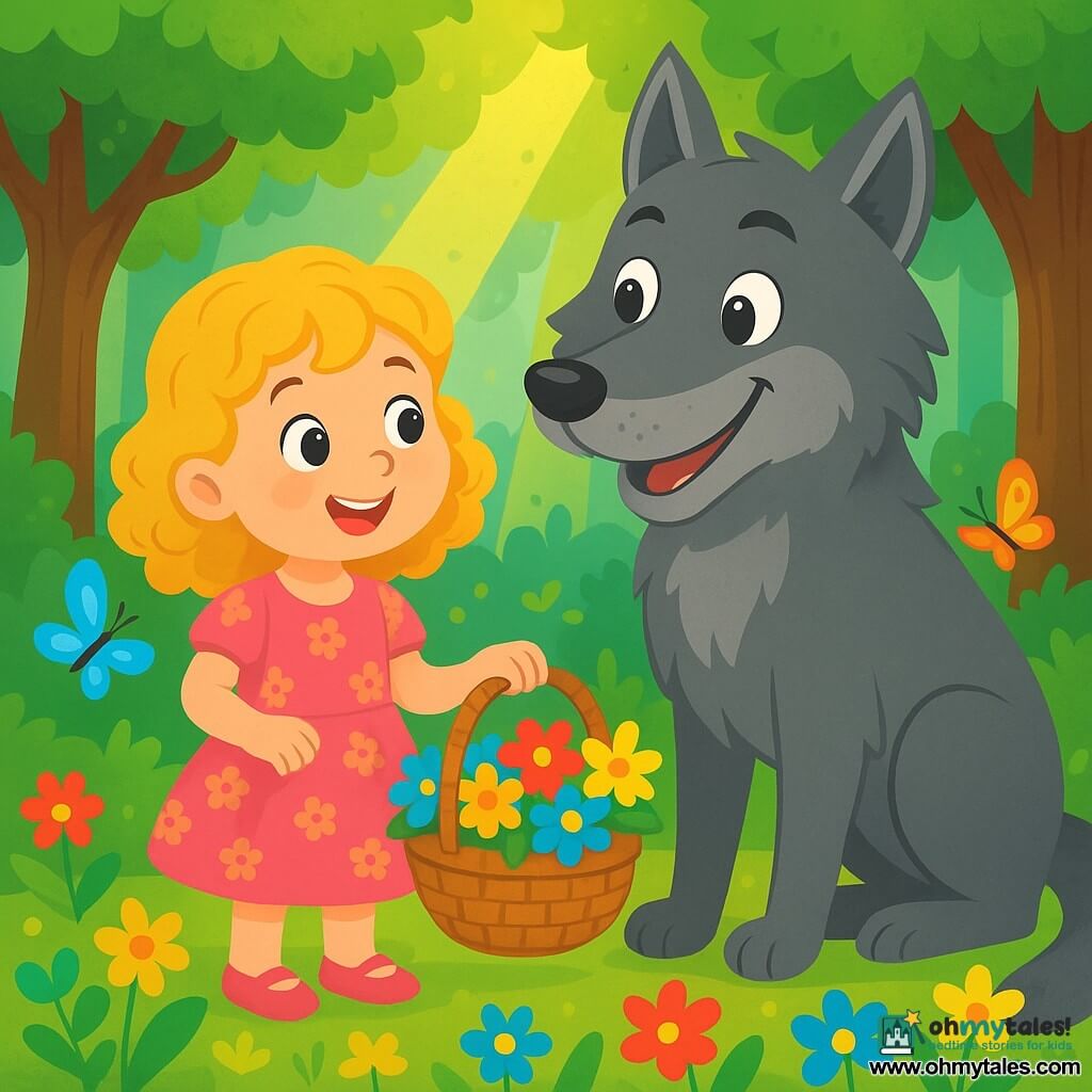A 4-year-old girl with curly golden hair smiles joyfully, her eyes sparkling with curiosity. She wears a pink dress with flower patterns and holds a pretty basket filled with colorful flowers. Next to her is Walter, the Big Bad Wolf, who has gray fur and bright eyes but wears a friendly smile. He is large and imposing but leans slightly toward the girl, showing he is gentle and kind. The scene takes place in a magical forest with thick-trunked trees and vibrant green leaves, while brightly colored flowers like yellow, red, and blue cover the ground. Sun rays filter through the branches, illuminating the girl's face and creating a warm, welcoming atmosphere. The main situation shows the girl and the wolf picking flowers together, laughing and having fun, while colorful butterflies flutter around them, adding a touch of magic to their budding friendship.
