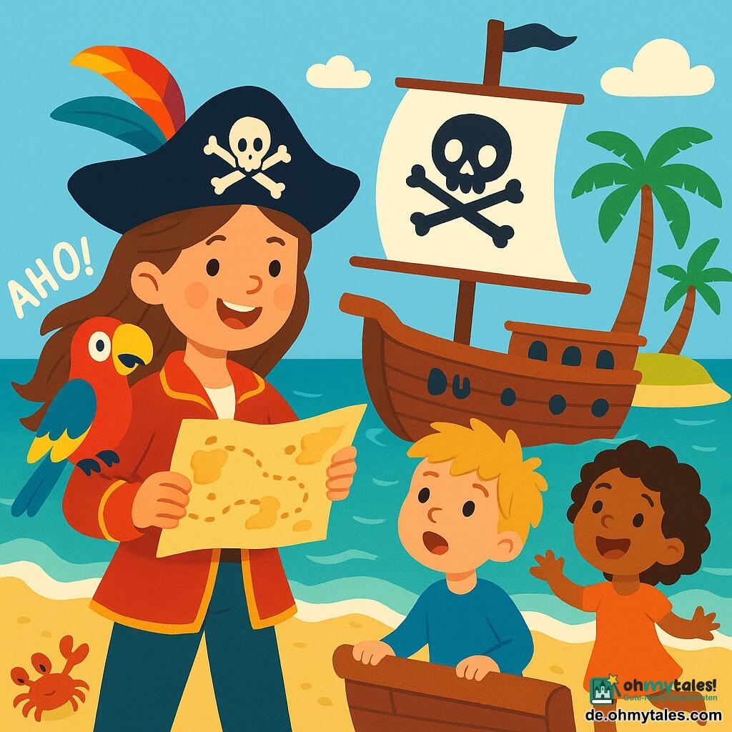 Eine junge Frau, Lina, ist die Kapitänin eines Piratenschiffs. Sie hat lange braune Haare, die im Wind wehen, und trägt einen Piratenhut mit einer bunten Feder. Ihr Gesicht drückt Entschlossenheit und Freude aus, während sie lächelt und eine Schatzkarte hält. Neben ihr beobachtet Jo, ein 10-jähriger Junge mit zerzausten blonden Haaren, das Meer mit leuchtenden Augen vor Aufregung. Suri, ein 9-jähriges Mädchen mit lockigem Haar und gebräunter Haut, tanzt fröhlich auf dem Deck und singt. Pico, der Papagei mit leuchtenden Federn, sitzt auf Linas Schulter und ruft "Ahoi!". Das Schiff, genannt Bunte Welle, liegt in der Nähe eines goldenen Strandes, umgeben von grünen Palmen und türkisfarbenen Wellen, die sanft ans Ufer schlagen. Die Hauptsituation zeigt, wie Lina und ihre Crew eine alte Holzkiste entdecken, die im Sand vergraben ist, während eine neugierige kleine Krabbe sie beobachtet und ihrer Suche nach der wertvollen goldenen Muschel einen Hauch von Abenteuer verleiht.