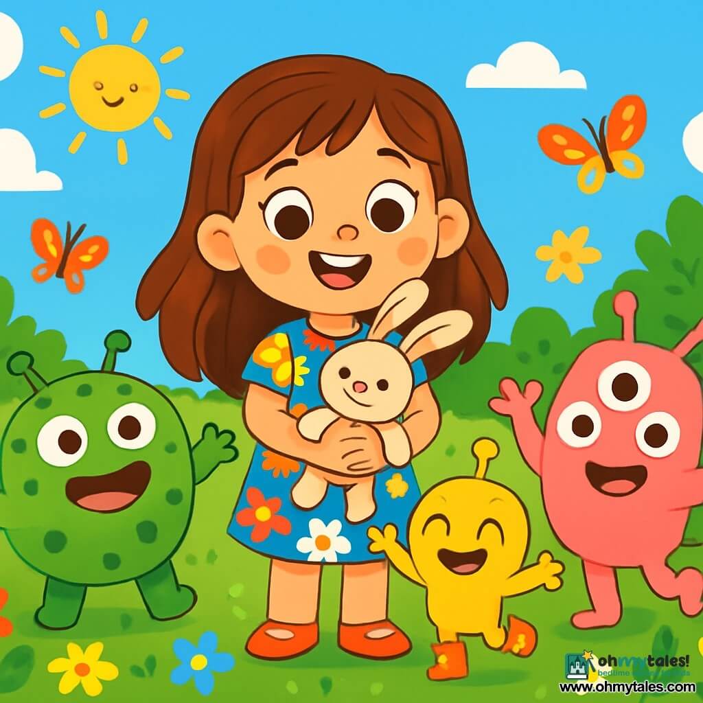 A 6-year-old girl named Luna, with long brown hair and sparkling curious eyes, stands in the center of her sunny garden, a big smile on her amazed face. She wears a colorful floral dress and holds in her arms an adorable stuffed rabbit named Mr. Flop, who has long floppy ears. Next to her, a round green alien with polka dots named Zoop stands joyfully, arms open as if wanting to hug. Another alien, Blip, is short and yellow, wearing sparkling boots, enthusiastically dancing beside Luna. Finally, Gleep, the pink three-eyed alien, makes a friendly gesture with his hands. The garden is filled with colorful flowers, fluttering butterflies, and a bright blue sky. In the background, a small shiny spaceship is delicately resting on the green grass. The main scene shows Luna, amazed, discovering the aliens who have just landed, creating a magical and joyful atmosphere.