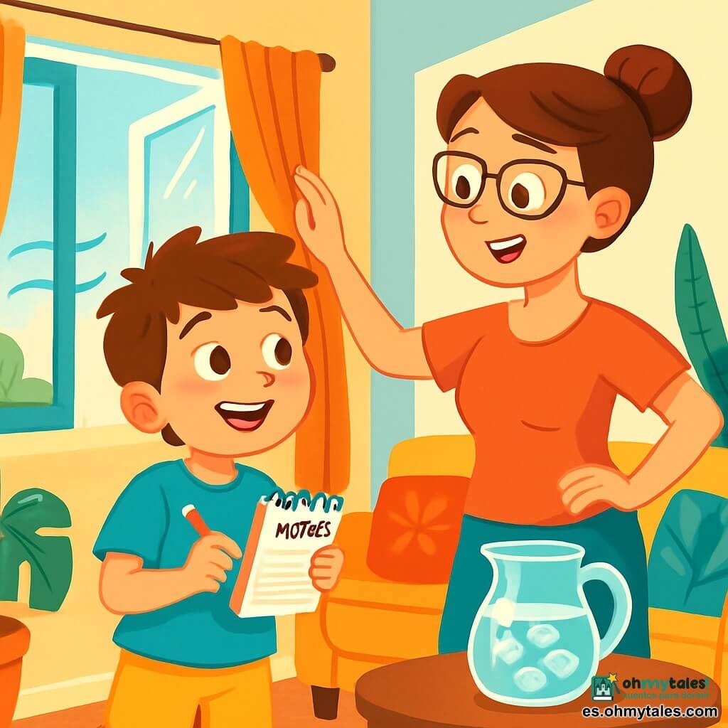 Un niño de 8 años, con el cabello castaño alborotado y ojos llenos de curiosidad, está de pie en una sala luminosa. Lleva una camiseta azul brillante y un pantalón corto amarillo, y su rostro expresa una alegría contagiosa mientras observa una ventana abierta que deja entrar una suave brisa. A su lado, su mamá, una mujer de unos treinta años con el cabello castaño recogido en un moño y gafas, sonríe orgullosamente mientras le muestra cómo cerrar las cortinas para mantener la frescura en el interior. La sala está decorada con plantas verdes exuberantes, cojines coloridos en un sofá cómodo y una gran ventana que deja pasar la luz del sol. En la mesa, una jarra de agua con hielo brilla, añadiendo un toque refrescante al ambiente. La escena principal muestra al niño y a su mamá conversando alegremente sobre los simples gestos que pueden hacer para mantener la casa fresca mientras cuidan del planeta. El niño, con una mirada decidida, toma notas en su pequeño cuaderno, listo para convertirse en un héroe del clima en su propio hogar.