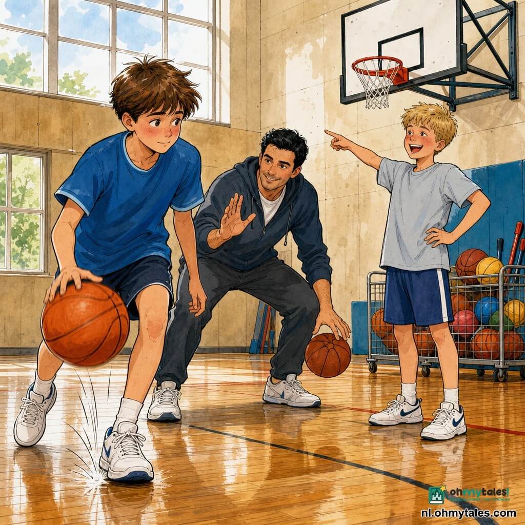 Een verlegen maar nieuwsgierige 12-jarige jongen met roodglozend gezicht en warrig bruin haar draagt een blauw T‑shirt en witte sneakers en dribbelt een oranje bal richting basket; zijn jeugdvriend Daan, ook ~12, met kort blond haar en een guitige blik staat naast hem met handen in de zij en lacht terwijl hij naar de basket wijst; meester Karim, een kalme volwassen man van ~35 met getinte huid en kort zwart haar, hurkt achter de kinderen en toont dribbeltechniek; in een grote gymzaal met glanzende houten vloer, beige muren en grote ramen, een aan de muur gemonteerde basket en een kar vol gekleurde ballen; sfeer van leerzame, warme inspanning en aanmoediging.