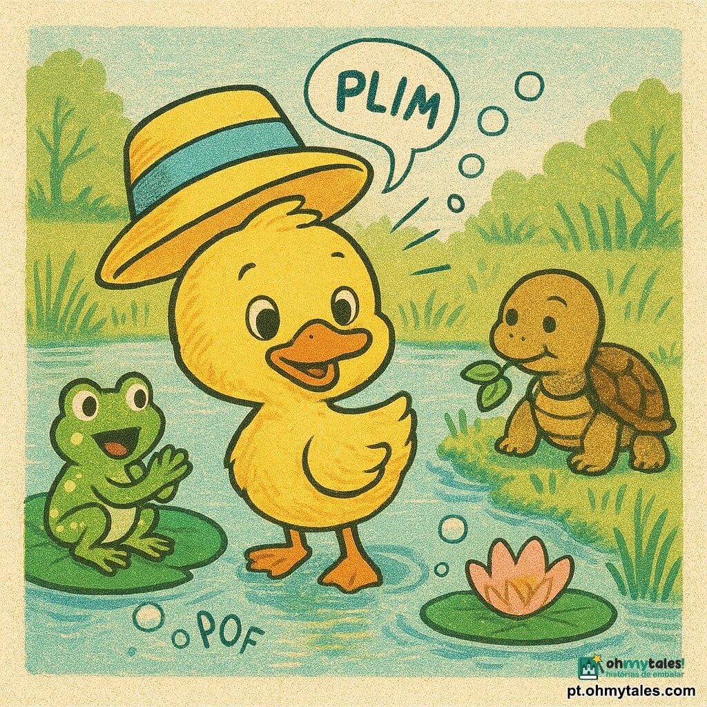 Zeca, um pequeno pato amarelo de plumagem fofa e olhar curioso, usa um chapéu amarelo de aba larga com fita azul e inclina a cabeça como se ouvisse; o chapéu falante, amarelo limão com fita azul e rosto sorridente bordado, flutua acima dele emitindo pequenos "plim" em bolhas sonoras; à esquerda, uma rã verde com manchas brancas e olhos arregalados senta-se num nenúfar aplaudindo, à direita, uma tartaruga marrom de carapaça manchada, tranquila e divertida, mastiga uma folha na margem; tudo ocorre numa pequena lagoa matinal de água clara com reflexos pastéis, nenúfares rosa e gramíneas ondulantes, atmosfera divertida, cores suaves, formas arredondadas e composição simples para crianças.