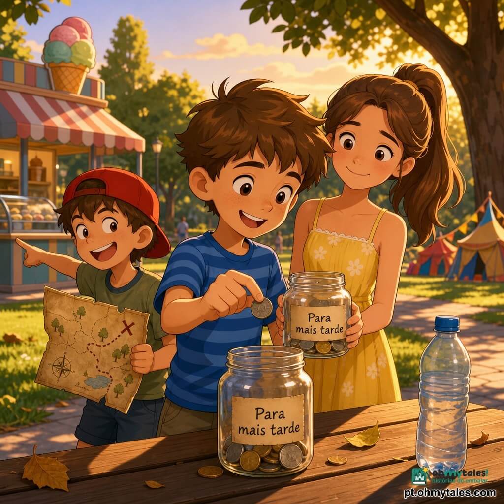 Um rapaz de 10 anos, expressão alegre e orgulhosa, cabelo castanho despenteado e sardas no nariz, veste camisola listrada azul e calções caqui, segura uma pequena moeda de prata entre polegar e indicador como se a colocasse num frasco de vidro; a irmã de cerca de 12 anos, rosto sorridente e calmo, cabelo preso em rabo de cavalo, veste um vestido de verão amarelo, segura um frasco de vidro com a etiqueta Para mais tarde e fica ligeiramente atrás do rapaz com olhar benevolente; um amigo de cerca de 9 anos, com ar malicioso e boné vermelho, aponta com uma pequena carta do tesouro amarelada em papel para o parque; cenário num parque de fim de tarde de verão com relva verde, árvores detalhadas, caminho de cascalho claro, uma gelataria ao fundo com vitrina às riscas e tendas coloridas mais além; a cena mostra o rapaz a depositar a moeda no frasco sobre uma mesa de madeira ao ar livre, luz dourada do pôr do sol criando sombras compridas e reflexos quentes no vidro, folhas no chão e uma garrafa de plástico recolhida ao lado a indicar cuidado; estilo visual 3D cartoon cel‑shading, cores saturadas, texturas simples, linhas nítidas, expressões exageradas e atmosfera veranil suave e otimista.