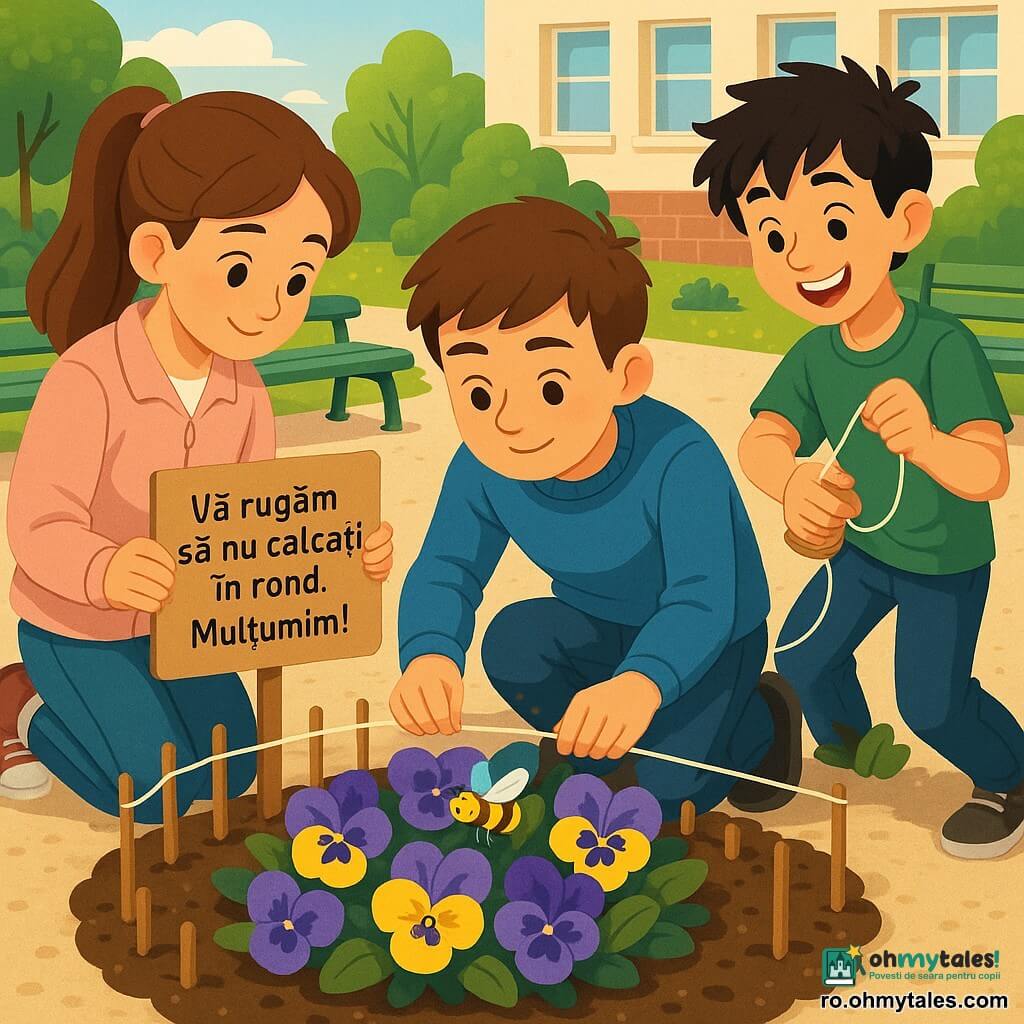 Băiat de 12 ani (păr scurt brun, ten deschis) fericit și concentrat, purtând pulover albastru și blugi, aplecat plantând bețe mici din lemn pentru a forma un mini- gard, mâini ușor murdare de pământ; alături, Matei, 12 ani, zâmbitor și ștrengar, păr negru zburlit, tricou verde, ține o bobină de ață și ajută la întinderea cordonului; în stânga, Ana, 11–12 ani, blândă, coadă de cal șaten, jachetă roz pal, ține un semn din carton pe care scrie „Vă rugăm să nu călcați în rond. Mulțumim!” și îl plasează în fața rondului; locul: curte de școală pătrată cu pietriș deschis, bănci verzi, jardiniere circulare cu viorele violete și galbene, clădiri bej în fundal; moment: primăvară luminoasă, o albinuță aurie pe o viorea din centru în timp ce copiii montează mini- gardul și leagă ața; stil: ilustrație vectorială curată, culori saturate și texturi plate, contururi moi, atmosferă caldă și binevoitoare.