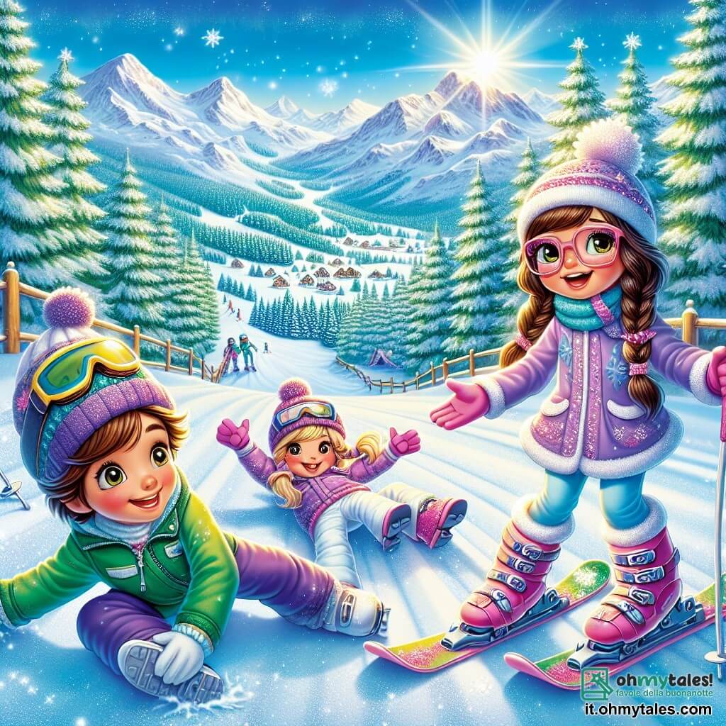 Ci sono tre personaggi principali: 1. **Luna**, una ragazza di 7 anni con lunghi capelli castani e occhiali rosa, che indossa una tuta da sci blu e sci gialli. Sta mostrando a Stella come sciare, con un grande sorriso sul viso. 2. **Stella**, una ragazza di 7 anni con capelli biondi intrecciati e un berretto viola, vestita con una tuta da sci rosa. È proprio dietro Luna, pronta a seguire i suoi consigli, con le braccia aperte per mantenere l'equilibrio. 3. **Marco**, un ragazzo di 7 anni con capelli castani e un sorriso amichevole, indossa una tuta da sci verde. È seduto nella neve, un po' triste dopo essere caduto, ma con uno sguardo di speranza in attesa dell'aiuto dei suoi amici. Il luogo è una bellissima pista da sci, circondata da abeti innevati, con montagne maestose sullo sfondo sotto un cielo blu brillante. La neve scintilla al sole, creando un'atmosfera gioiosa e invernale. La situazione principale mostra Luna e Stella che si avvicinano a Marco, che è caduto nella neve. Luna tende la mano verso di lui con incoraggiamento, mentre Stella sorride e si prepara ad aiutarlo a rialzarsi. L'immagine cattura lo spirito di aiuto e amicizia sulle piste da sci.