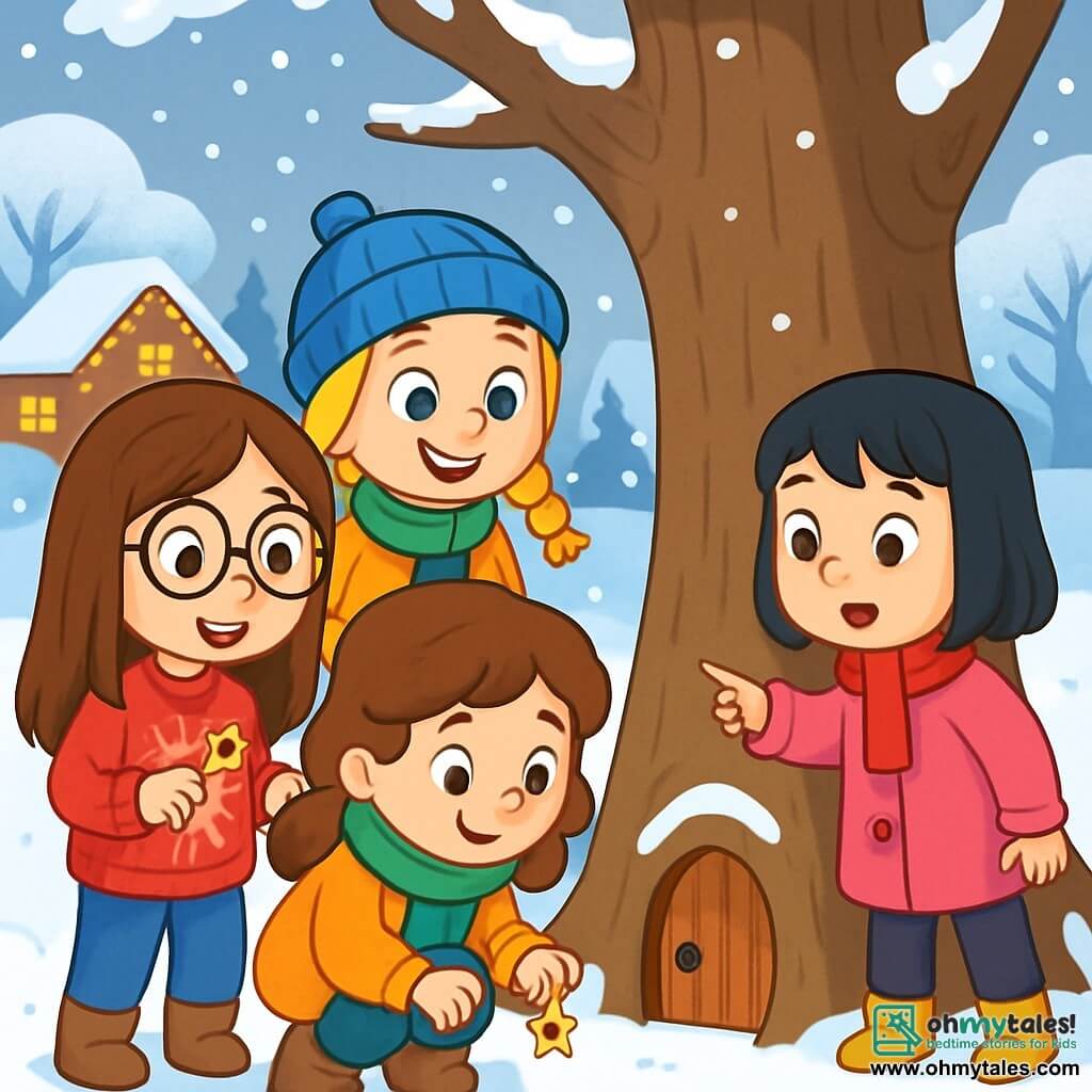 There are 4 children: Maya, an 8-year-old girl with long brown hair and round glasses, wearing a red sweater with a reindeer pattern and holding a small golden key; Bella, a 7-year-old girl with braided blonde hair and a blue hat, smiling joyfully and looking curiously at the key; Sophie, an 8-year-old girl with curly brown hair and a green scarf, crouching down to examine a small star-shaped keychain she found in the snow; and Lily, a 7-year-old girl with black hair in a pink coat, standing and pointing to a small hole in a large oak tree, where a mysterious door is located. The setting is a snowy park with majestic trees covered in sparkling snow, a thick white blanket on the ground, and gentle snowflakes falling from the light gray sky. In the background, houses adorned with colorful lights create a festive atmosphere. The main scene shows the four friends discovering a small door at the base of a large oak tree, with amazed expressions on their faces as they prepare to use the magical key to open the door and see what it hides.