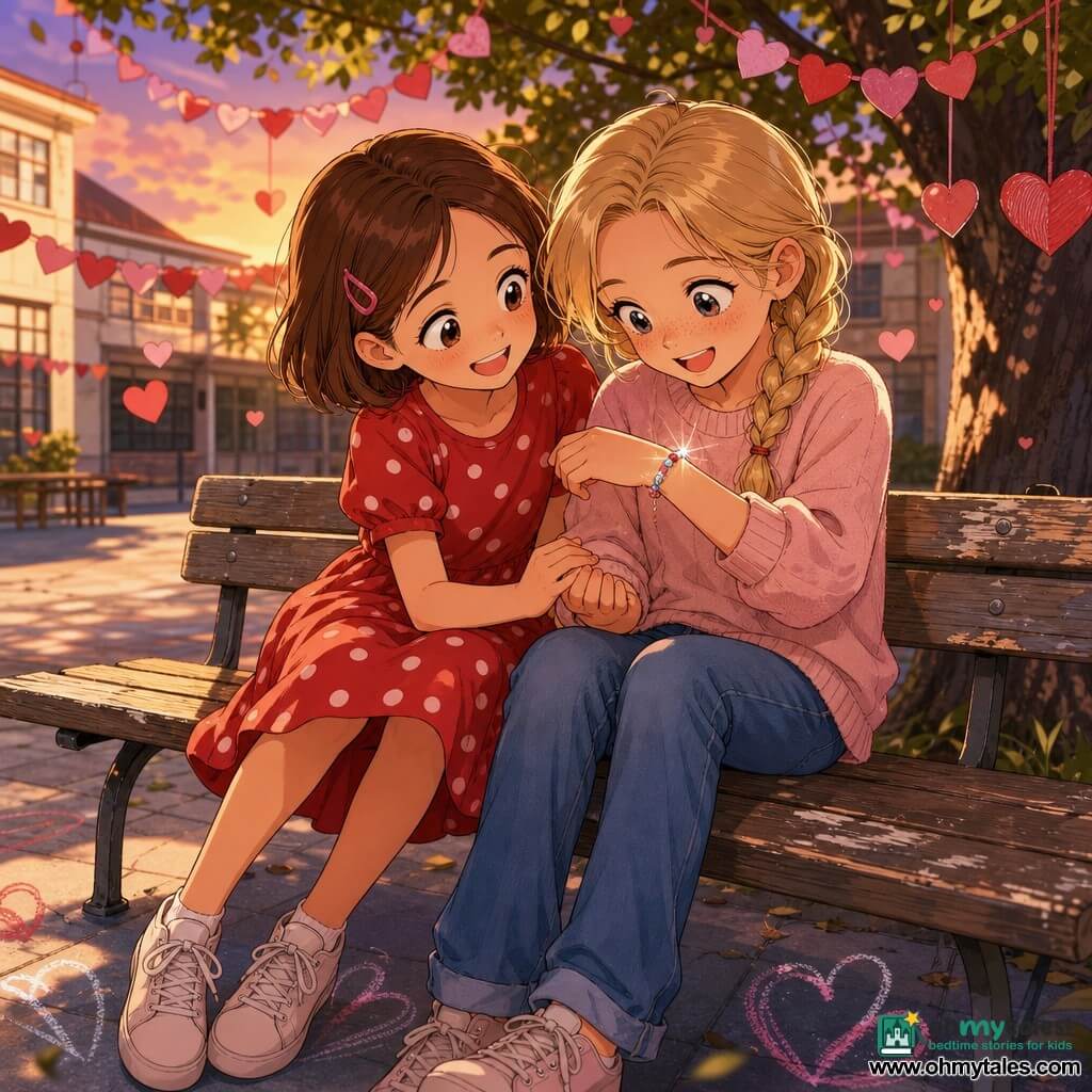 Two girls, about 10: Lily on the left with short brown hair and a pink clip, big expressive eyes, wearing a red polka-dot dress and white sneakers, smiling and holding her friend's hand; Mia on the right with braided blonde hair and light freckles, in a pale pink sweater and jeans, laughing softly as she looks at a repaired bracelet on her wrist threaded with silver and colorful beads. They sit close together on a slightly worn wooden bench in a schoolyard at dusk with chalked pale concrete, tender green trees in the background and Valentine decorations—red and pink paper garlands and hanging hearts—soft golden light, long shadows, small floating hearts and a warm, festive, intimate atmosphere.