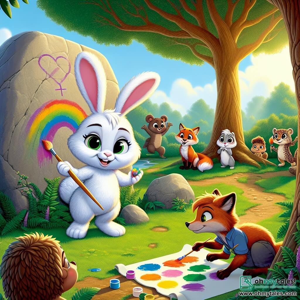 In a peaceful village, Ruby, a young rabbit with bright white fur and large attentive ears, stands at the center of a vibrant scene, her face glowing with excitement and determination. She holds a colorful brush, ready to paint a mural symbolizing gender equality on a large smooth rock. Beside her, Milo, a playful squirrel with brown fur and a bushy tail, smiles enthusiastically, holding a palette of bright colors, eager to help. Fern, a clever fox with mischievous eyes and fiery orange fur, watches the work closely, a thoughtful expression on her face, while holding a roll of paper to take notes. The scene unfolds under a majestic oak tree, with sunlight filtering through the leaves, illuminating the group and the mural in progress. Animals of different species gather around, curious and admiring, creating an atmosphere of camaraderie and unity. The main focus shows Ruby and her friends painting together, each adding their unique touch to the collective artwork, symbolizing harmony and collaboration among all the inhabitants of Willowbrook.