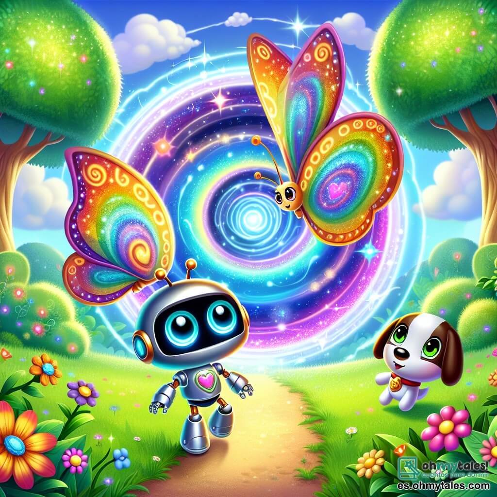Un pequeño robot de ojos brillantes y cuerpo metálico colorido, con un corazón luminoso, expresa gran curiosidad y asombro mientras se encuentra frente a un portal mágico que brilla con colores vivos. A su lado, una mariposa de alas multicolores, flotando con gracia, muestra una sonrisa alegre y parece lista para explorar, mientras que un pequeño perro robot de patas de metal, con una cola que mueve con emoción, mira el portal con ojos llenos de entusiasmo. El decorado es un parque verde, lleno de árboles majestuosos con hojas brillantes, flores vibrantes y un cielo azul salpicado de suaves nubes. En el centro de esta escena, el portal giratorio emite destellos de luz, creando una atmósfera mágica e intrigante, mientras los amigos se preparan para saltar en esta aventura temporal.