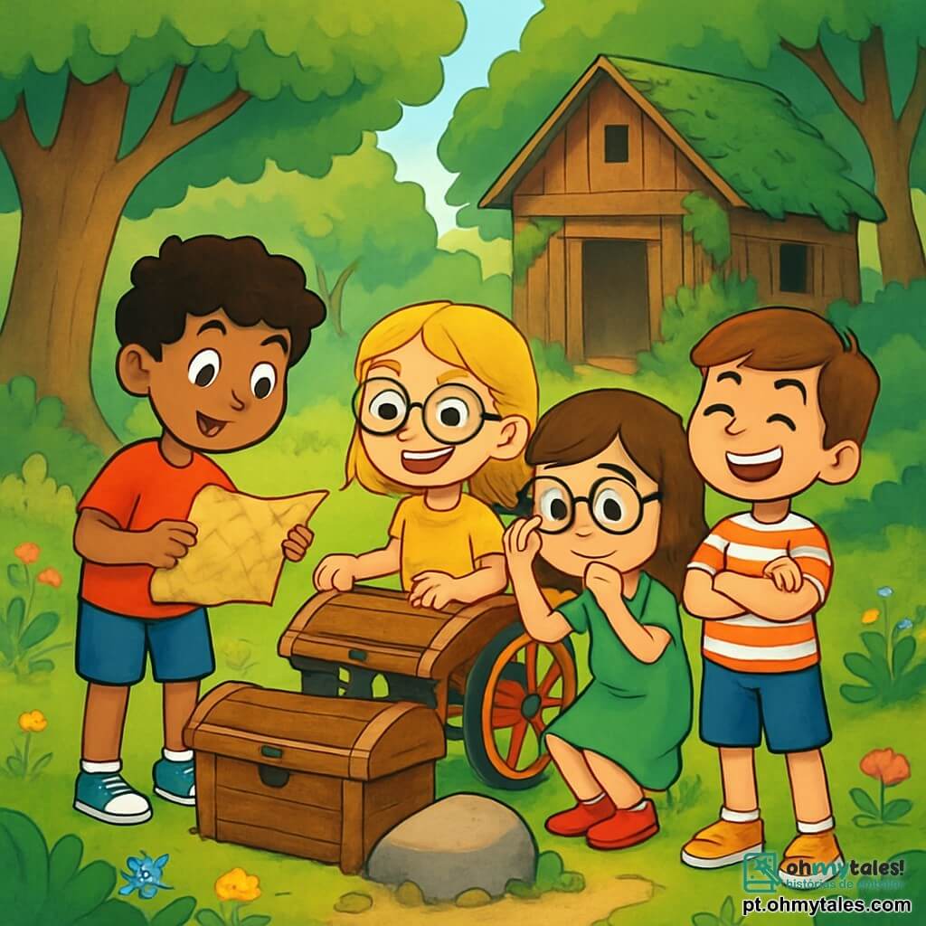 Há 4 crianças: - Miguel: um menino de 9 anos, com cabelos negros e cacheados, vestindo uma camiseta vermelha e um short azul. Ele segura um velho pedaço de papel que parece ser um mapa do tesouro. - Sofia: uma menina de 8 anos, com cabelos loiros e óculos redondos, sentada em sua cadeira de rodas vermelha chamada "Trovão". Ela sorri entusiasticamente, olhando para o grupo. - Lúcia: uma menina de 9 anos, com cabelos castanhos e lisos, vestindo um vestido verde. Ela ajusta seus óculos e examina o mapa com curiosidade. - Tomás: um menino de 8 anos, com cabelos castanhos e uma camiseta listrada. Ele está de pé, com os braços cruzados, com um grande sorriso no rosto, pronto para a aventura. O local se passa em uma clareira escondida no coração de um parque verdejante. Grandes árvores de troncos grossos cercam a cena, suas folhas brilhantes filtrando a luz do sol. No centro, uma antiga cabana de madeira, coberta de hera e musgo, se ergue majestosa. Ao lado da cabana, um caminho secreto é visível, ladeado por flores coloridas e pedras musgosas. A situação principal mostra as crianças descobrindo um velho baú de madeira, enterrado sob uma pedra, com expressões de emoção e curiosidade em seus rostos. Seus olhos brilham de antecipação enquanto se preparam para abrir o baú, revelando tesouros misteriosos dentro.