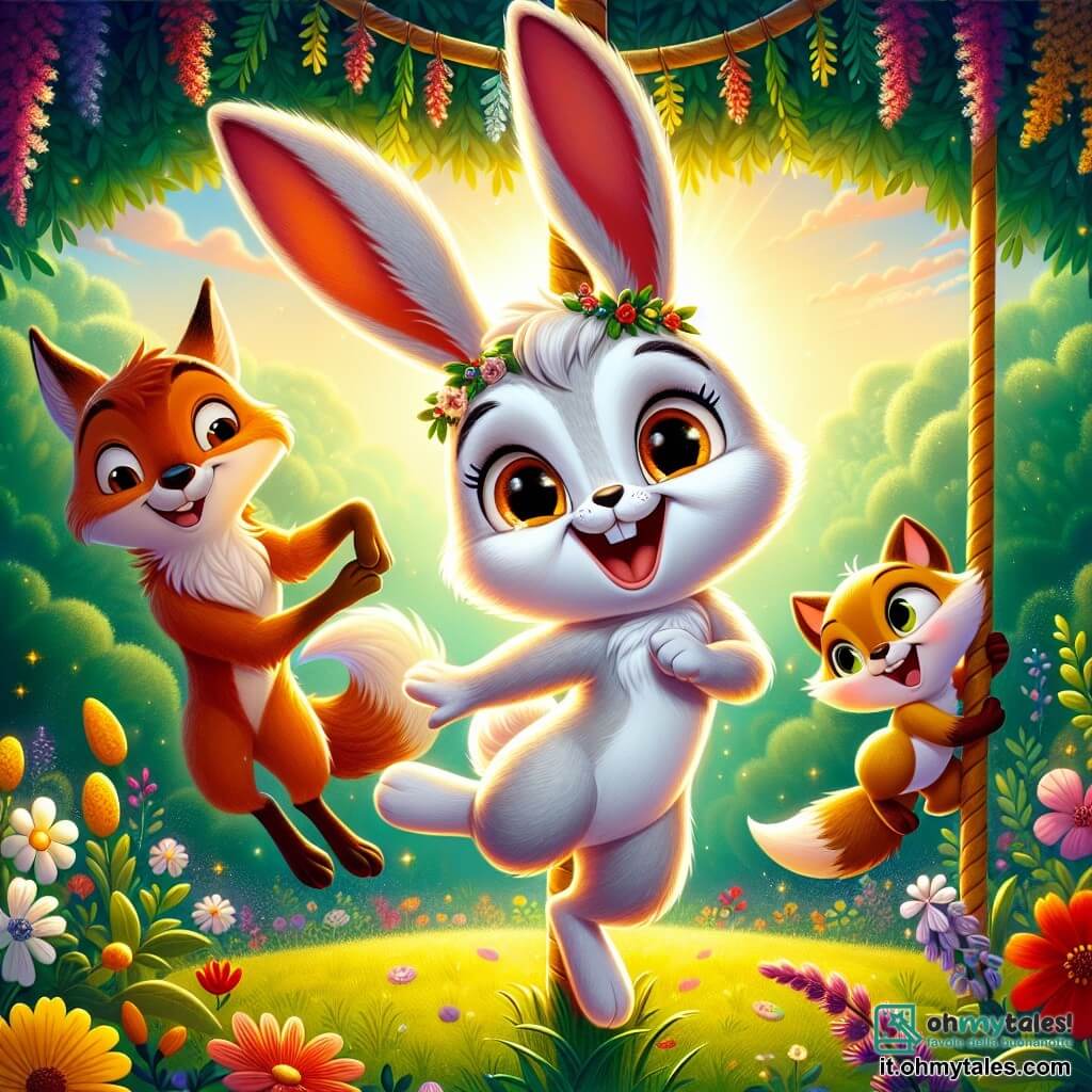 Al centro dell'immagine, Benny, un giovane coniglio dalle grandi orecchie e dal pelo bianco splendente, danza gioiosamente attorno a un grande palo decorato con fiori colorati. Il suo volto è illuminato da un sorriso radioso e i suoi occhi brillano di eccitazione e felicità. Alla sua destra, Sofia, una volpe dal pelo rosso vivo e dagli occhi maliziosi, ride mentre si dondola al ritmo della musica, con le zampe sollevate in aria. Indossa una piccola corona di fiori sulla testa, aggiungendo al suo fascino birichino. A sinistra, Giacomo, un gufo saggio con piume marroni e occhi rotondi, osserva la scena con un sorriso benevolo, le ali leggermente aperte come se fosse pronto a spiccare il volo. Il decor è un magnifico boschetto verdeggiante, bagnato dalla luce dorata del sole al tramonto, con fiori selvatici brillanti e raggi di luce che filtrano tra le foglie degli alberi. La scena rappresenta una festa estiva gioiosa, dove gli amici si riuniscono per celebrare attorno al palo decorato, pieni di risate e musica, creando un'atmosfera festosa e calorosa.