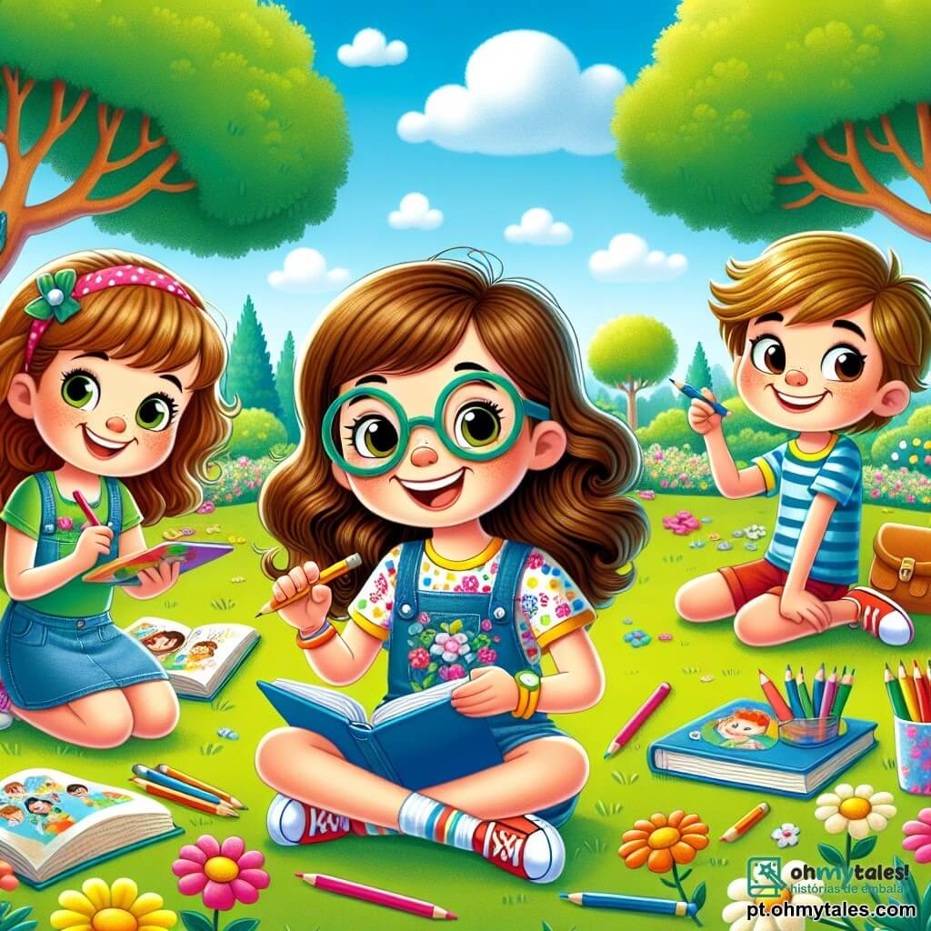No centro da imagem, Clara, uma menina de 10 anos com longos cabelos castanhos e óculos redondos, sorri entusiasticamente segurando um tablet em uma mão e um lápis na outra. Ela usa uma camiseta colorida com estampas de flores e um short de jeans, sentada na grama verde do parque, cercada por livros e lápis de cor. Ao lado dela, Pedro, um menino de 10 anos com cabelos curtos e loiros, está desenhando em um caderno. Ele veste uma camiseta azul e um short vermelho, olhando para Clara com um sorriso cúmplice. Um pouco mais longe, Maria, uma menina de 9 anos com cabelos cacheados e um vestido de bolinhas, está colhendo flores para um buquê, adicionando um toque de cor à cena. O parque é iluminado e acolhedor, com árvores majestosas de folhas verdes, flores coloridas espalhadas pelo chão e um céu azul com nuvens brancas fofas. A situação principal mostra Clara e seus amigos compartilhando ideias sobre o equilíbrio entre o uso da tecnologia e a diversão de brincar ao ar livre, ilustrando seu entusiasmo por aprender e explorar juntos.