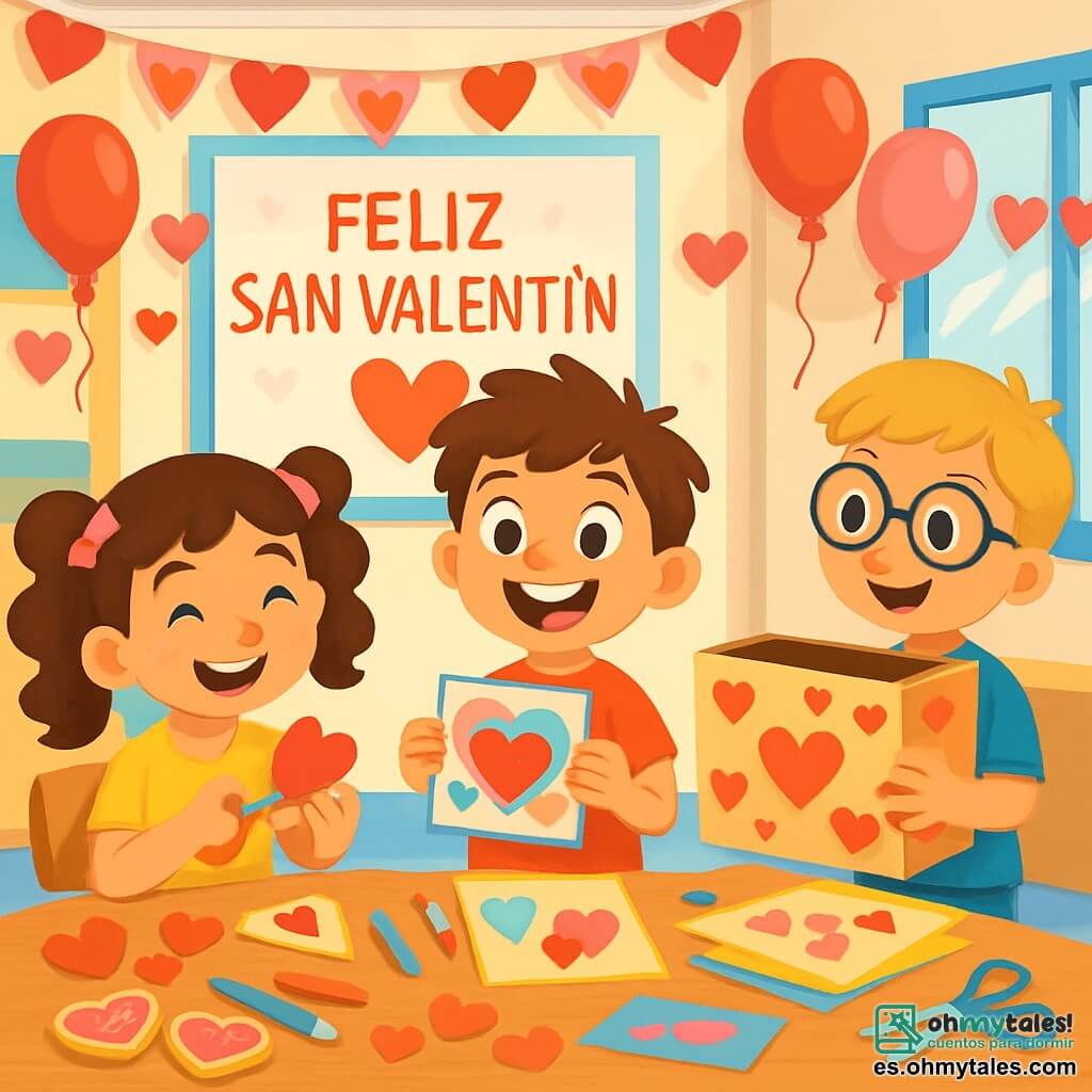 Hay 3 personajes: - Valentín: un niño de 8 años con cabello castaño despeinado, lleva una camiseta roja con corazones sonrientes. Está de pie en el centro, sonriendo con gran entusiasmo, sosteniendo una tarjeta colorida en sus manos. - Lucía: una niña de 8 años con cabello largo y rizado, adornado con bonitos lazos rosas. Está a la izquierda de Valentín, recortando corazones de papel con tijeras, con una gran sonrisa en el rostro. - Diego: un niño de 8 años con gafas redondas y cabello rubio. Está a la derecha de Valentín, sosteniendo una gran caja decorada con corazones, listo para llenarla de cartas. El lugar es un aula luminosa, decorada con guirnaldas de corazones de papel, globos rojos y rosas flotando en el techo, y un gran cartel en la pared que dice "Feliz Día de San Valentín". La situación principal muestra a los tres amigos preparando su fiesta de San Valentín, rodeados de tarjetas coloridas y risas, con una atmósfera alegre y festiva.